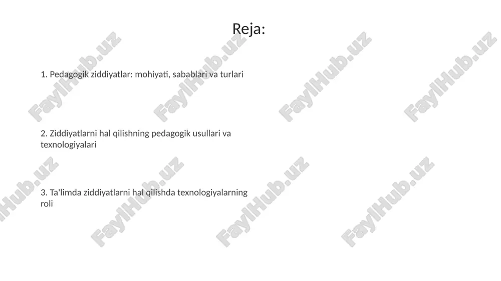 arini taklif qilish va empatiya qobiliyatini oshirish uchun 3d simulyatsiyalarini yaratishi mumkin. onlayn muzokaralar vositalari real vaqtda tarjima, hissiyotlarni tahlil qilish va kelishuvga erishish uchun grafik ma'lumotlarni taqdim etish orqali mojaroni hal qilishni osonlashtiradi. pedagogik mojarolarni oldini olish bo'yicha tavsiyalar o'quv jarayonida 80% mojarolarni oldini olish uchun o'quvchilarga aniq vazifalar, baholash mezonlari va bajarish muddatlarini erta taqdim etish muhim. pedagogik mojarolarni kamaytirish uchun har bir o'quvchiga individual yondashuvni qo'llash, ularning qobiliyatlari va ehtiyojlarini hisobga olgan holda, kamida 3 ta turli xil o'qitish uslubidan foydalanish tavsiya etiladi. muvaffaqiyatli mojarolarni hal qilish bo'yicha amaliy misollar universitetda plagiat bilan bog'liq mojaro 2021-yilda aniqlandi. professor talaba bilan muzokara o‘tkazib, unga topshiriqni qayta bajarish imkoniyatini berdi, baho tizimi yaxshilandi. 2018-yilda, maktabda bullying bilan bog‘liq mojaroda, medatsiya usuli qo‘llanildi. 8-sinf o‘quvchilari orasidagi muammo, mediatr yordamida o‘zaro kelishuvga erishish bilan yakunlandi. e'tiboringiz uchun rahmat image3.jpg image4.jpg image5.jpg image6.jpg image7.jpg image8.jpg image9.jpg image1.jpeg image2.jpeg