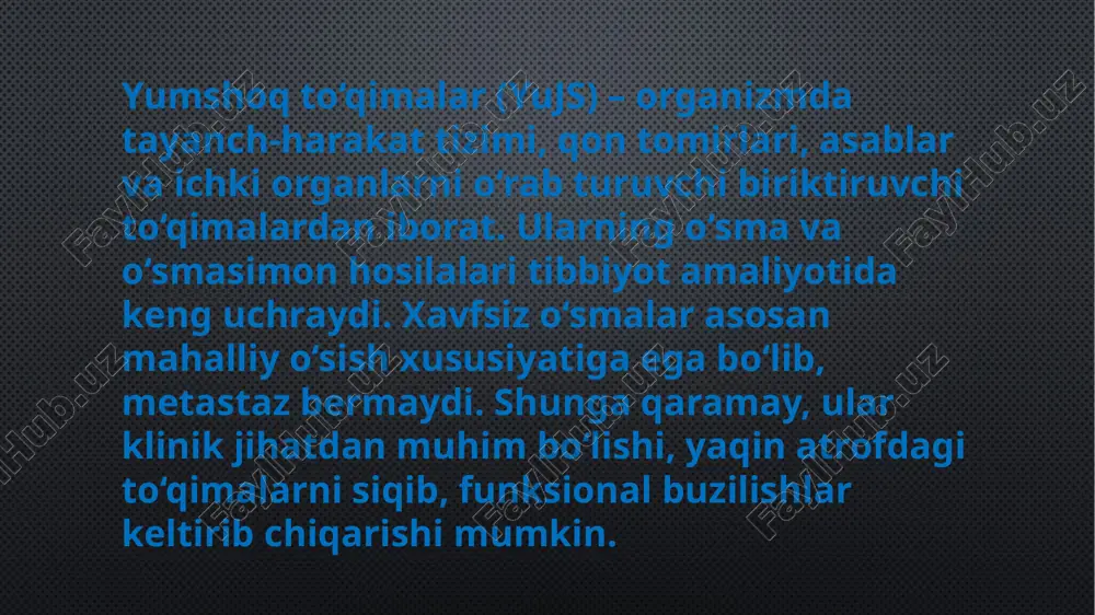saqlangan, polimorfizm yo‘q. – bo‘linishlar (mitozlar) soni kam, patologik mitozlar kuzatilmaydi. – o‘smada stromaning boyligi turlicha bo‘lishi mumkin. o‘smasimon (neoplastik bo‘lmagan) hosilalar bu to‘qimalarda yallig‘lanish, gemodinamik o‘zgarishlar yoki travmadan so‘ng hosil bo‘lgan proliferativ jarayonlar bo‘lib, haqiqiy o‘smalardan farqli ravishda o‘sma hujayra kloni shakllanmaydi. ularga fibroz, granulyasion to‘qima, reaktiv giperplaziya, psevdosarkomatoz o‘zgarishlar kiradi. yujs xavfsiz o‘smalari sitologik va morfologik jihatdan yaxshi differensirovkalangan, sekin o‘suvchi, kapsulali va metastaz bermaydigan o‘smalardir. ularning sitologik tekshiruvi tashxis qo‘yishda muhim ahamiyatga ega, chunki malign o‘smalardan farqlashda asosiy rol o‘ynaydi. yumshoq to‘qimalar haqida umumiy ma’lumot yumshoq to‘qimalar — bu tananing tayanch-skelet tizimiga kirmaydigan, ammo organlar va suyaklarni o‘rab, himoya qiluvchi hamda ularni bog‘lab turuvchi mezenximal kelib chiqishdagi to‘qimalardir. bularga yog‘ to‘qimasi, biriktiruvchi to‘qima, mushak to‘qimasi (silliq va ko‘ndalang-targ‘il), qon va limfa tomirlari kiradi. ushbu to‘qimalardan rivojlanadigan o‘smalar yumshoq to‘qima o‘smalari deyiladi. etiboringiz uchun raxmat image2.jpeg image3.jpeg /docprops/thumbnail.jpeg