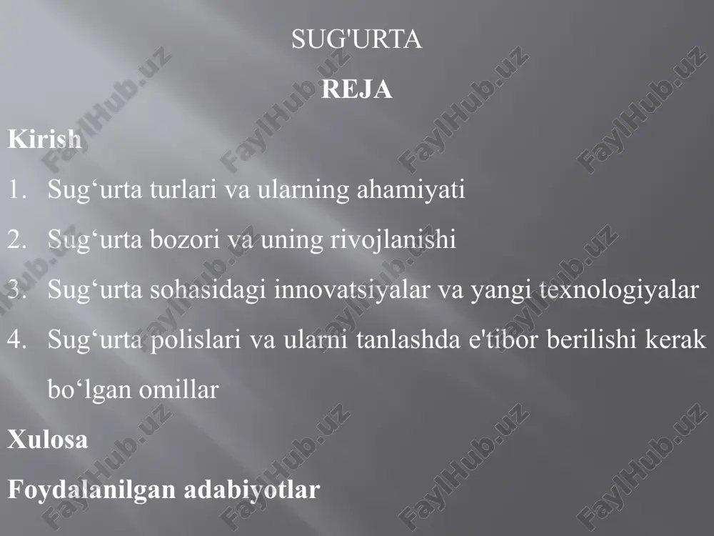 zimi, xavf va daromadni boshqarish strategiyalari. kompaniyalar va mijozlar o‘rtasidagi munosabatlar va xavfni taqsimlash usullari. sug‘urta bozorining tuzilishi va o‘ziga xos xususiyatlari sug‘urta bozori qanday tashkil etilgan va uning asosiy subyektlari kimlar? sug‘urta kompaniyalari, brokerlar, agentlar va tartibga soluvchi organlarning roli. bozorning dinamikasi, rivojlanish tendentsiyalari va raqobat darajasi. sug‘urtaning iqtisodiy ahamiyati sug‘urtaning iqtisodiy xavflarni kamaytirish, investorlarni jalb qilish va iqtisodiy barqarorlikni ta'minlashdagi roli. sug‘urtaning ijtimoiy himoya vositasi sifatida ahamiyati sug‘urta bozori va uning rivojlanish omillari sug‘urta bozorining o‘zbekistondagi rivojlanish tarixiy bosqichlari. iqtisodiy islohotlar, huquqiy bazaning mustahkamlanishi va sug‘urta bozoriga oid yangiliklar. innovatsiyalar va texnologiyalar sug‘urta sohasida raqamli sug‘urta: onlayn xizmatlar, mobil ilovalar orqali sug‘urta, "insurtech" texnologiyalari. big data va sun'iy intellekt: sug‘urta kompaniyalarida katta ma'lumotlar tahlili va xavfni prognozlash. sug‘urta polisini tanlashda e'tibor berilishi kerak bo‘lgan omillar sug‘urta polisini tanlashda muhim omillar: shartlar, narx, xizmatlar va sug‘urta summasi. sug‘urta kompaniyasining ishonchliligi va mijozlarga xizmat ko‘rsatish sifatini baholash. polisingizni tanlashda qanday …