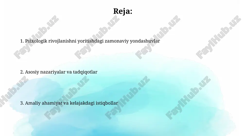 itiv resurslarni tarqatib, chuqur o'rganishni qiyinlashtiradi. interaktiv raqamli o'yinlar 6-10 yoshli bolalarda fazoviy fikrlashni 30% ga yaxshilashi mumkin, ammo haddan tashqari foydalanish ijtimoiylashuvni pasaytirishi mumkin. rivojlanish psixopatologiyasiga yangi qarashlar rivojlanish psixopatologiyasi kontekstida, biopsixosotsial model yondashuvi kasalliklarni biologik, psixologik va ijtimoiy omillar ta'siri orqali tushuntiradi. epigenetika rivojlanish psixopatologiyasida muhim rol o'ynaydi, genlar ifodasi atrof-muhit ta'siri ostida o'zgarishi, masalan, stressning bolalikka ta'siri. interventsiya va rivojlanishni qo'llab-quvvatlashning istiqbolli yo'nalishlari ilk bolalik davrida kognitiv rivojlanishni qo'llab-quvvatlashning innovatsion dasturlari 0-3 yoshdagi bolalarda diqqat, xotira va muammolarni yechish qobiliyatini rivojlantiradi. ijtimoiy-emotsional ta'lim dasturlari 4-7 yoshdagi bolalarda empatiya, o'zini boshqarish va ijtimoiy munosabatlarni mustahkamlash uchun mo'ljallangan intervensiyalarni o'z ichiga oladi. e'tiboringiz uchun rahmat image2.png image3.jpg image4.jpg image5.jpg image6.jpg image7.jpg image8.jpg image9.jpg image1.png