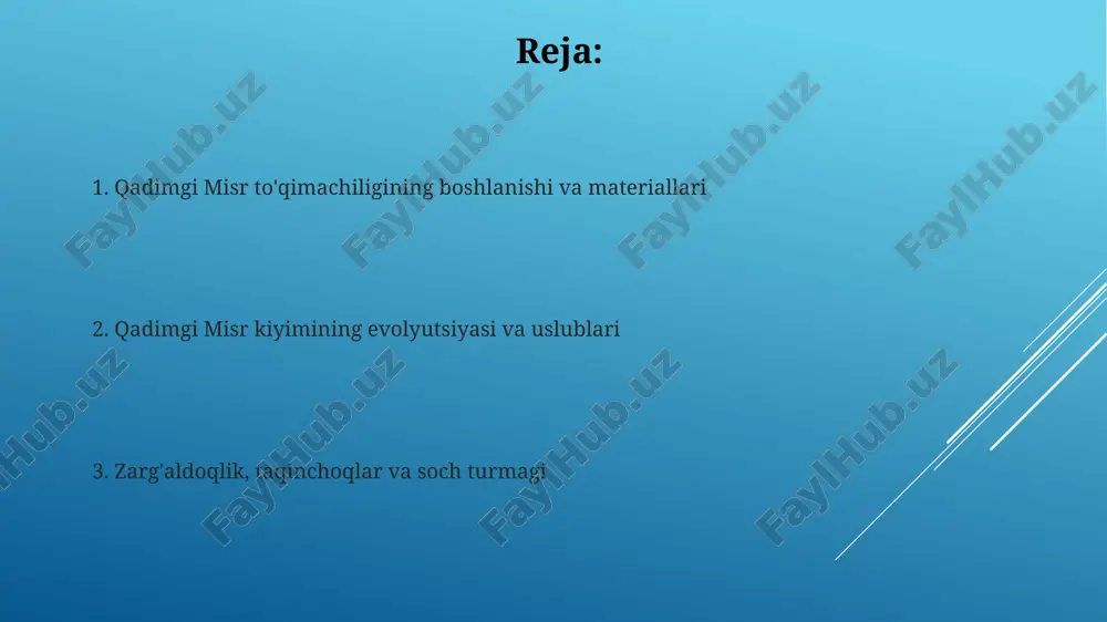 foydalanish kengayib, burmalar va plisselar moda olamiga kirib keldi, bu esa 2000 yillik an'anani davom ettirdi. yangi qirollik (miloddan avvalgi 1550-1069 yillar): hashamat va bezaklar yangi qirollikda (taxminan miloddan avvalgi 1550-1069 yillar) qirollik oilasi va zodagonlar zig'ir matolaridan tikilgan nozik, yupqa kiyimlarni kiyib, o'z maqomini ko'rsatish uchun qimmatbaho bezaklar ishlatgan. erkaklar ko'pincha kalta yubkalar (shenti) kiyishgan, ularning uzunligi va burmalanishi ijtimoiy mavqeini belgilagan, yuqori lavozimli amaldorlar esa uzunroq va bezakliroq shentilarni miloddan avvalgi 1500-yillarda kiyishgan. liboslar ma'nosi: status, gender va kasb ko'rsatkichi qadimgi misrda yuqori tabaqa vakillari uzunroq zig'ir matodan tikilgan liboslar kiyishgan, bu ularning ijtimoiy mavqeini oddiy xalqdan ajratib turgan. erkaklar ko'pincha qisqa yubkalar (shendit) kiyishgan, bu ularning jismoniy faolligi va mehnatga layoqatliligini ko'rsatgan, ayollar esa uzun ko'ylaklar kiygan, bu andozani buzmagan. xulosa: qadimgi misr liboslarining merosi qadimgi misr liboslari zamonaviy moda tendentsiyalariga ta'sir ko'rsatdi, ayniqsa, 1920-yillardagi art deco davrida, ularning geometrik shakllari va bezaklari bilan. misrliklar tomonidan ishlatilgan …