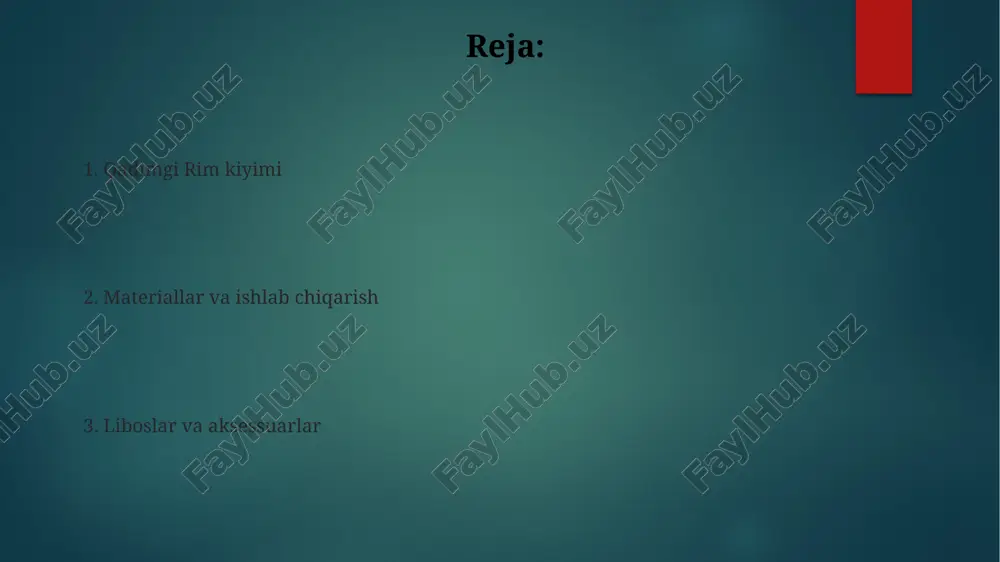 undan foydalanmasdi. tunikalar ijtimoiy maqomni ko'rsatish uchun bezaklar bilan soddalashtirilgan yoki bezatilgan bo'lishi mumkin; masalan, senatorlar keng binafsha chiziqli tunikalar (lati clavi) kiyishgan. poyabzal va zargarlik buyumlari: libosning muhim qismlari rim zargarlik buyumlari, xususan uzuklar, ijtimoiy mavqeni ko'rsatardi, senatorlar oltin uzuk taqishardi, oddiy fuqarolar esa temir uzuklarni afzal ko'rishardi, bu farq ijtimoiy tabaqalanishni aks ettirardi. poyabzalda ranglar ahamiyatga ega edi: qizil etiklar yuqori martabali amaldorlar uchun ajratilgan bo'lib, bu rang siyosiy hokimiyat va elitaning ramzi sifatida xizmat qilgan. poyabzal uslubi ham muhim edi. xulosa: qadimgi rim liboslarining merosi rim liboslari, masalan, 12 ta togalarning dizayni, zamonaviy huquqshunoslik va tantanali marosimlarda namoyon bo'lib, qonunchilik vakolatining ramzi bo'lib xizmat qiladi. rim imperiyasining 27-milodiy asridan boshlab liboslarning modifikasiyalari, jumladan, tunikalarning keng tarqalishi, kundalik kiyimning soddalashtirilgan evolyutsiyasini aks ettiradi. e'tiboringiz uchun rahmat image6.jpg image7.jpg image8.jpg image9.jpg image10.jpg image11.jpg image12.jpg image2.png image3.png image4.png image5.png