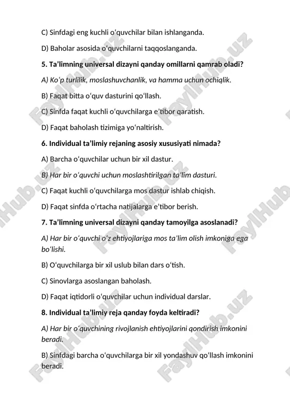 sinovlarga asoslangan baholash. d) faqat iqtidorli o‘quvchilar uchun individual darslar. 8. individual taʼlimiy reja qanday foyda keltiradi? a) har bir o‘quvchining rivojlanish ehtiyojlarini qondirish imkonini beradi. b) sinfdagi barcha o‘quvchilarga bir xil yondashuv qo‘llash imkonini beradi. c) faqat kuchli o‘quvchilarga mos dastur yaratadi. d) o‘qituvchining ish yukini kamaytiradi. 9. individual taʼlimiy rejani kimlar ko‘proq qo‘llaydi? a) faqat iqtidorli o‘quvchilar uchun mo‘ljallangan maktablar. b) har bir o‘quvchi uchun individual rivojlanishni nazarda tutuvchi maktablar. c) sinov natijalariga qarab taqsimlash amaliyoti bo‘lgan maktablar. d) faqat baholash jarayoniga eʼtibor qaratadigan maktablar. 10. universal dizayn o‘quvchilarni qanday qo‘llab-quvvatlaydi? a) taʼlimni har bir o‘quvchining ehtiyojlariga moslashtirish orqali. b) faqat kuchli o‘quvchilarga yuqori darajada taʼlim berish. c) sinov natijalari asosida baholash. d) o‘qituvchilarning yondashuvlariga tayanish. 11. taʼlimning universal dizayniga mos keladigan usullar qaysilar? a) ko‘p turdagi material va vositalardan foydalanish. b) faqat yozma ishlar bilan cheklanish. c) sinov natijalariga tayanish. d) faol o‘quvchilarni boshqa o‘quvchilardan ajratish. 12. …