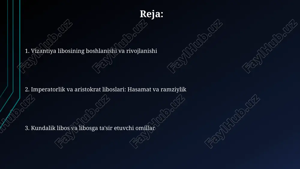 di, masalan, 14-asrda mashhur bo'lgan uzun, tor yengli va belni ta'kidlovchi liboslar paydo bo'ldi. imperator oilasi va zodagonlar 15-asrda hashamatli ipak matolardan, oltin kashtalar bilan bezatilgan kiyimlar kiyishgan. kiyimlarning qiymati ijtimoiy maqomni aks ettirgan. imperatorlik kiyimi va uning ramziy ma'nosi imperatorning libosi boy, purpur matodan tikilgan boʻlib, hukmronlikni anglatardi; masalan, yustinianning kiyimlari ko'pincha oltin kashtalar bilan bezatilgan. loros deb nomlangan uzun, kashtado'z lenta imperatorlik libosining muhim qismi edi, dastlab faqat 12 martaba ega shaxslar kiyishi mumkin edi. vizantiya kiyimining merosi va zamonaviy ta'siri vizantiya ibodatlari liboslari, masalan, *omophorion* va *epitrachelion*, sharqiy pravoslav cherkovi marosimlarida bugungi kungacha saqlanib qolgan, ularning ramziy ahamiyatini ta'minlaydi. vizantiya imperatorlik purpur rangiga bo'lgan obsesyoni ko'plab evropa monarxiyalari orqali 19-asrga qadar siyosiy hokimiyat va royalti bilan bog'liq edi. e'tiboringiz uchun rahmat image1.jpg image2.jpg image3.jpg image4.jpg image5.jpg image6.jpg image7.jpg