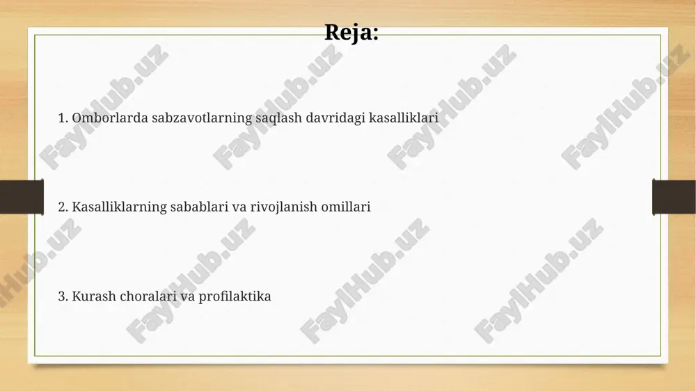 cha hosilni yo'qotishi mumkin va urug'lik sifati pasayadi. fusarium quruq chirishi, fusarium turlari sabab bo'ladi, saqlash paytida kartoshkaning 15-25% gacha zararlanishiga olib kelishi mumkin, ayniqsa shikastlangan kartoshkalarda rivojlanadi. piyozning saqlash kasalliklari bo'yin chirishi, *botrytis allii* qo'zg'atuvchisi, piyozning saqlashda eng keng tarqalgan kasalligi bo'lib, 0-2°c haroratda ham rivojlanishi mumkin, 50%gacha hosilni yo'qotadi. moviy mog'or, *penicillium allii* tufayli kelib chiqadi. 20-25°c da tez tarqaladi va piyozning tashqi qatlamlarida ko'k-yashil dog'lar hosil qiladi, 30%gacha zararlaydi. *aspergillus niger* qo'zg'atuvchisi qora chirishni keltirib chiqaradi. yuqori namlik (70% dan yuqori) va harorat (25-30°c) sharoitida 45% gacha piyozni zararlaydi. sarimsoqning saqlash kasalliklari penicillium chirishi, ayniqsa penicillium digitatum, yuqori namlikda tez tarqaladi; saqlashdan oldin sarimsoqni yaxshilab quritish va havo aylanishini ta'minlash kerak. sarimsoqning bo'yin chirishi (botrytis allii) 0°c haroratda ham rivojlanishi mumkin, erta bosqichda aniqlash va 2% benzimidazol bilan ishlov berish muhim. fusarium bazal chirishi (fusarium oxysporum) 15-30°c da faol bo'lib, ildizdan boshlanib, butun boshni zararlaydi. kasallangan sarimsoqni …