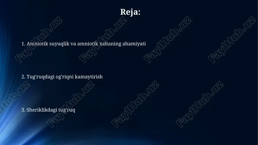 umkin. amniotik suyuqlik miqdorining kamayishi (oligohidramnion) homilaning siqilishiga olib kelishi mumkin, bu esa 5-8% hollarda skelet deformatsiyalari va o'pka gipoplaziyasiga sabab bo'ladi. chaqaloq tug'ilishida og'riq: sabablari va mexanizmlari bachadon mushaklarining ritmik qisqarishi og'riqning asosiy sababi hisoblanadi, bu esa nerv tolalarini siqib, prostaglandinlar kabi og'riq mediatorlarini chiqaradi. homiladorlik paytida gormonal o'zgarishlar (masalan, estrogen va progesteron) og'riq sezgirligini oshirishi mumkin, bu esa tug'ruq paytida og'riqni kuchaytiradi. og'riqni kamaytirish usullari: farmakologik yondashuvlar epidural og'riqsizlantirish - bu umurtqa pog'onasiga kateter kiritish orqali og'riqni bloklaydigan mahalliy behushlik vositalarini yetkazib berishning keng tarqalgan usuli hisoblanadi. spinal og'riqsizlantirishda og'riqni tez va samarali kamaytirish uchun dorilar to'g'ridan-to'g'ri umurtqa suyuqligiga yuboriladi, odatda c-kesimi uchun ishlatiladi. og'riqni kamaytirish usullari: farmakologik bo'lmagan yondashuvlar gipnoz tug'ruq paytida og'riqni kamaytirish uchun chuqur relaksatsiya holatiga kirishni o'z ichiga oladi, bu esa 30-50% og'riqni kamaytirishi mumkin. transkutan elektr nerv stimulyatsiyasi (tens) kam kuchlanishli elektr impulslaridan foydalanadi, og'riq signallarini bloklaydi va 60-70% ayollarda yordam beradi. nafas …