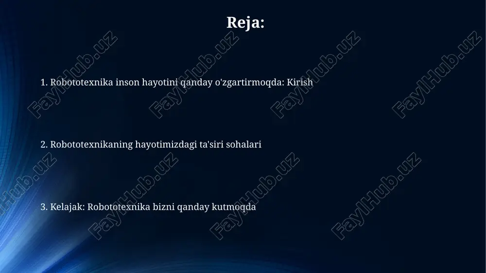 sifati va qadamlar soni kabi fiziologik ma'lumotlarni yig'adi, bu esa sog'liqni monitoring qilishga imkon beradi. onlayn do'konlardagi tavsiya tizimlari foydalanuvchi xatti-harakatlariga asoslanib, mahsulotlarni taklif qiladi, bu esa xarid qilish tajribasini yaxshilaydi va sotuv hajmini 25% gacha oshiradi. ta'lim va robototexnika ta'lim robototexnikasi o'quvchilarga robotlarni loyihalash, qurish va dasturlash bo'yicha amaliy tajriba beradi, nazariy bilimlarni amaliy vazifalar orqali mustahkamlaydi. robototexnika ta'limda 21-asr ko'nikmalarini rivojlantirishga yordam beradi, masalan, kodlash, muammolarni hal qilish va tanqidiy fikrlash, bu esa stem sohalariga qiziqishni oshiradi. robototexnika bo'yicha ta'lim, ayniqsa, lego mindstorms kabi platformalar orqali, 8 yoshdan 18 yoshgacha bo'lgan o'quvchilar uchun moslashuvchan va qiziqarli bo'lishi mumkin. robototexnikaning etik va ijtimoiy jihatlari avtonom qurollar bilan bog'liq etik dilemmalar jiddiy xavotirlarni uyg'otmoqda. xalqaro kelishuvlar orqali ularning 60% ga yaqin nazorat qilish choralarini ko'rish zarur. robotlar ish o'rinlarini egallashi bilan bog'liq ish bilan ta'minlash muammosi 2030-yilga kelib 30% ga oshishi kutilmoqda, bu esa yangi ta'lim dasturlarini talab qiladi. robotlarning …