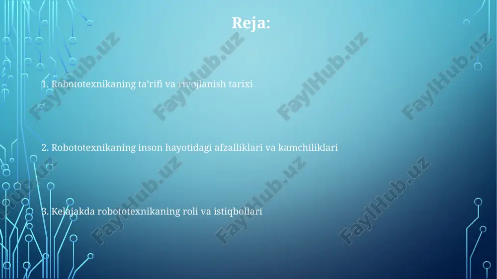 erish muddatlarini qisqartiradi. robototexnikaning zamonaviy qo'llanilish sohalari zamonaviy robototexnika tibbiyotda yuqori aniqlikdagi jarrohlik amaliyotlarini bajarish uchun ishlatiladi, masalan, da vinci robotik tizimi, 0.1 mm aniqlikda operatsiyalarni amalga oshirishga imkon beradi. ishlab chiqarish sanoatida robotlar, masalan, abb irb 6700 modeli, og'ir yuklarni ko'tarish va qayta ishlash, payvandlash va bo'yash kabi vazifalarni avtomatlashtirishda, 24/7 rejimda ishlaydi. qishloq xo'jaligida dronlar (masalan, dji agras t30) ekin maydonlarini kuzatish, zararkunandalarga qarshi kurashish va o'g'itlash uchun qo'llaniladi, bu esa hosildorlikni 15-20 foizga oshirishga yordam beradi. robototexnikaning kelajagi va istiqbollari nanotexnologiyalar va mikrorobototexnika rivojlanishi tibbiyotda inqilob qiladi, bunda 75% minimal invaziv jarrohliklar amalga oshiriladi va aniqlik 99% ga yetadi. kelajakda robotlar sun'iy intellekt (si) va chuqur o'rganish yordamida vazifalarni avtomatlashtiradi, bunda 90% gacha xatolik kamayadi va samaradorlik 50% ga oshadi. hamkorlikdagi robotlar (kobotalar) ish joylarida odamlar bilan birga ishlashni kengaytiradi, ishlab chiqarish unumdorligini 40% ga oshiradi va jarohatlanish darajasini 60% ga kamaytiradi. e'tiboringiz uchun rahmat image1.png image2.png