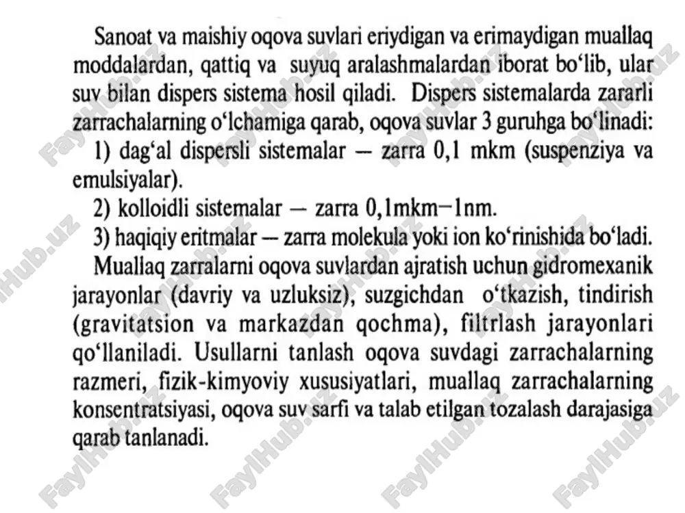 2+ + h+ me (oh)2+ + hoh = me(oh)2+ + h+ me (oh)2 + hoh = me(oh)3 + h+ me2+ + hoh = me(oh)2 + 3h+ rasm. koagulyasiya usuli bilan oqova suvlarni tozalash qurilmalari sxemasi. 1-eritmalarni tayyorlash uchun sig’im; 2-dozator; 3-aralashtirgich; 4-iviq hosil qilish kamerasi; 5-tindirgich. flokulyasiya flokulyasiya jarayoni oqova suv tarkibiga yuqori molekulyar birikmalar, ya’ni flokulyantlar ta’sir ettirib, muallaq zarrachalarni agregasiyalashdir. koagulyasiya jarayonidan farqli ravishda flokulyasiya jarayonida zarrachalarning yiriklashishi zarrachalarning o’zaro kontaktlashuvi bilangina emas, balki flokulyant zarrachalarida adsorbsiyalangan molekulalarning o’zaro ta’sir natijasida sodir bo’ladi. flokulyasiya jarayonini alyuminiy va temir gidroksidlarini ionlarini iviqlarini hosil bo’lish jarayonlarini tezlashtirish maqsadida amalga oshiriladi. flokulyantlarni qo’llash koagulyant miqdorini kamaytirish, koagulyasiya vaqtini qisqartirish va hosil bo’lgan iviqlarni cho’kish tezligini oshiradi. oqova suvlarni tozalash uchun tabiiy va sintetik flokulyantlardan foydalaniladi. tabiiy flokulyantlarga kraxmal, denstrin, efirlar, sellyuloza va boshqalar kiradi. aktivlangan kremniy dioksidi eng keng tarqalgan noorganik flokulyantlardan hisoblanadi sintetik (organik) keng qo’llaniladiganlari poliakrilamid (-ch2-ch-conh2)n-, texnik (paa) …