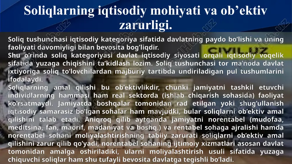 r tomonidan rad etilgan yoki shug’ullanish iqtisodiy samarasiz bo’lgan sohalar ham mavjudki, bular soliqlarni ob’ektiv amal qilishini talab etadi. aniqroq qilib aytganda jamiyatni norentabel (mudofaa, meditsina, fan, maorif, madaniyat va boshq.) va rentabel sohaga ajralishi hamda norentabel sohani moliyalashtirishning tabiiy zarurati soliqlarni ob’ektiv amal qilishini zarur qilib qo’yadi, norentabel sohaning ijtimoiy xizmatlari asosan davlat tomonidan amalga oshiriladiki, ularni moliyalashtirish usuli sifatida yuzaga chiquvchi soliqlar ham shu tufayli bevosita davlatga tegishli bo’ladi. soliqlarning asosiy elementlari va tamoyillari. -soliq solishning etarlilik tamoyili. soliq solishning etarlilik tamoyiliga muvofiq soliq solish darajasi shunday bo’lishi lozimki, u davlat intilayotgan xalq xo’jaligi samaradorligiga erishishni kafolatlay olsin. soliqqa tortish tizimi iqtisodiyot, ijtimoiy himoya, mudofaa qobiliyati va boshqa sohalardagi davlat siyosatini amalga oshirish uchun zarur bo’lgan moliya resurslari to’planishini ta’minlashi lozim. shuni ham ta’kidlab o’tish lozimki, soliq stavkalari soliq yuki ko’rsatkichi hisoblanmaydi, chunki soliq to’lovchi soliq to’lar ekan, davlat tomonidan bepul xizmatlardan bahramand bo’lgani holda ayni chog’da o’zining …