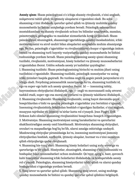 siy maqsadi insonning o‘ziga xosligini, shaxsiy fazilatlarini va motivatsiyasini tushunishga yordam berishdir. asosiy qism: shaxs psixologiyasi o‘z ichiga shaxsiy rivojlanish, o‘zini anglash, xulqatvorni tahlil qilish va ijtimoiy aloqalarni o‘rganishni oladi. bu soha shaxsning o‘zini ifodalash, qarorlar qabul qilish va ijtimoiy muhitda qanday munosabatda bo‘lishini aniqlashga yordam beradi. psixologik salomatlikni mustahkamlash va shaxsiy rivojlanish uchun bu bilimlar amaliyotda, masalan, psixoterapiya, pedagogika va maslahat xizmatlarida keng qo‘llaniladi. shaxs psixologiyasi, shuningdek, shaxsningo‘zgarishlarga qanday moslashishini, ichki motivatsiyasini va atrof-muhit bilan aloqalarini aniqlashda muhim ahamiyatga ega. bu fan, psixologik o‘zgarishlar va rivojlanishlarni chuqur o‘rganishga imkon beradi va shaxsning turli hayotiy vaziyatlarda qanday munosabatda bo‘lishini tushunishga yordam beradi. shaxs psixologiyasining asosiy qismi shaxsning tuzilishi, rivojlanishi, motivatsiyasi, hissiy holatlari va ijtimoiy munosabatlarini o‘rganishdan iborat. ushbu sohada asosiy yo‘nalishlar quyidagilar: 1. shaxsning tuzilishi: shaxs psixologiyasining birinchi va muhim jihati uning tuzilishini o‘rganishdir. shaxsning tuzilishi, psixologik xususiyatlar va uning ichki tizimlari haqida gapiradi. bu tuzilma ongli va ongsiz psixik …
