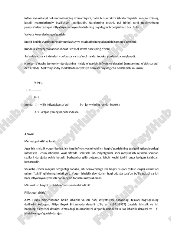 ’li bilan xarid qobiliyatini, boshqacha aytganda yalpi talabni ko’paytirish inflyatsiyaga olib kelmaydi deb hisoblashishadi. neoklassik yondoshuv tarafdorlari inflyatsiyaning manbai ishlab chiqarishning haddan ziyod o’sishida, ishlab chiqarish xarajatlarining ko’payishida deb bilishadi. demak keynschilar inflyatsiyaga talab tomonidan, neoklassiklar esa taklif tomonidan yondoshishadi. agar iqtisodiyotda tovarlar va xizmatlar massasi yalpi talabga nisbatan sekinroq o’ssa, yoki yalpi talab ko’paygani holda o’zgarmasdan tursa, bu nomutanosiblik narxlar darajasining ko’tarilishi orqali bartaraf etiladi. oqibatda pul birligining xarid qobiliyati pasayadi va milliy iqtisodiyotning qo’shimcha pul massasiga ehtiyoji paydo bo’ladi. inflyatsiya nafaqat pul muomalasining izdan chiqishi, balki butun takror ishlab chiqarish mexanizmining kasali, makroiqtisodiy buzilishlar natijasidir. narxlarning o’sishi, pul birligi xarid qobiliyatining pasayishidan tashqari inflyatsiya namoyon bo’lishining quyidagi uch belgisi ham bor. bular: valyuta kururslarining o’zgarishi; kredit berish shartlarining qimmatlashuv va muddatlarining qisqarishi tomon o’zgarishi; kundalik ehtiyoj mollaridan iborat iste’mol savati narxsining o’sishi. inflyatsiya narx indekslari - deflyator va iste’mol narxlar indeksi yordamida aniqlanadi. narxlar o’rtacha (umumiy) darajasining nisbiy …