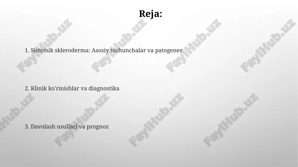 a kuzatiladi. klinik ko'rinishlar: ichki organlar o'pka fibrozining rivojlanishi, taxminan 40% bemorlarda kuzatiladi va nafas qisishi, quruq yo'tal va o'pka funktsiyasining pasayishiga olib keladi. oshqozon-ichak traktining shikastlanishi, xususan, qizilo'ngachning harakatlanishining buzilishi, 90% dan ortiq bemorlarda kuzatilib, disfagiya va ezofagitga olib keladi. reyno sindromi va kapillyaroskopiya reyno sindromi sistemali sklerodermada 90% dan ortiq bemorlarda uchraydi va barmoqlar arteriyalarining vazospazmi bilan kechadi, bunda rang o'zgarishi kuzatiladi. kapillyaroskopiya sistemali sklerodermada erta tashxis qo'yishda muhim rol o'ynaydi, chunki u tirnoq yuzasidagi kapillyarlarning o'zgarishini aniqlaydi: erta, aktiv va kech. diagnostika kriteriyalari bemorlarning 90% dan ortig'ida antinuklear antitanachalar (ana) mavjud, ko'pincha sentromerga qarshi yoki scl-70 (topoisomeraza i) antitanachalari aniqlanadi, bu diagnostika uchun muhim markerdir. tadqiqotlar shuni ko'rsatadiki, teri qalinlashishi (skleroderma) barmoqlardan tirsaklarga, yuzga yoki bo'yinga tarqalishi mumkin, bu esa acr/eular tasniflash mezonlarida muhim diagnostik ahamiyatga ega. laboratoriya tekshiruvlari sistemik skleroderma laboratoriya tekshiruvlari antinuklear antitel (ana) mavjudligini aniqlaydi, taxminan 95% bemorlarda musbat bo'lib, kasallikni baholashda muhim ahamiyatga …