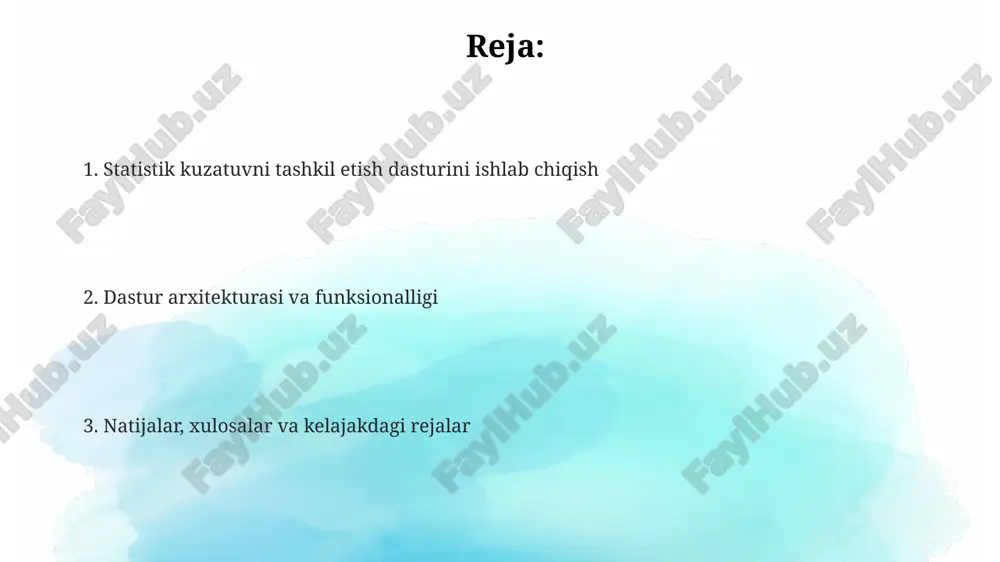 arni tashkil etish dasturining maqsadi, berilgan ma'lumotlar to'plamidan foydalanib, o'rtacha qiymat, dispersiya va standart og'ish kabi asosiy statistik ko'rsatkichlarni hisoblashni avtomatlashtirishdir. ushbu dasturning vazifalaridan biri, katta hajmdagi statistik ma'lumotlarni import qilish, tozalash va qayta ishlash jarayonini soddalashtirish orqali, taxminan 75 foizga vaqtni tejashga erishishdir. dastur, foydalanuvchilarga 10 dan ortiq turdagi statistik grafiklarni (gistogrammalar, tarqalish diagrammalari) yaratish imkoniyatini berish orqali, ma'lumotlarni vizual tahlil qilishni yaxshilashga qaratilgan. kuzatuv turlari va usullari kuzatuv usullari orasida to'g'ridan-to'g'ri kuzatuv, hujjatli kuzatuv (arxiv ma'lumotlari) va so'rov usuli (anketa, intervyu), masalan, telefon orqali so'rovlar mavjud. statistik kuzatuvlar, qamrov darajasiga ko'ra, 100% qamrovli (uzluksiz) va qisman kuzatuvlarga bo'linadi; qisman kuzatuv 25% dan kam bo'lmasligi kerak. vaqtga ko'ra kuzatuvlar joriy (doimiy), davriy (har 5 yilda aholi ro'yxati) va bir martalik (maxsus tadqiqotlar uchun) turlarga ajratiladi; ularning har biri o'z maqsadiga ega. ma'lumotlar yig'ish strategiyasi ma'lumot manbalari va usullari (so'rovnomalar, kuzatuvlar) tanlanadi; masalan, 70% so'rovnomalar onlayn, 30% shaxsan o'tkaziladi, 12 …