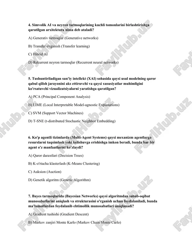 d) genetik algoritm (genetic algorithm) 7. bayes tarmoqlarida (bayesian networks) qaysi algoritmdan sabab-oqibat munosabatlarini aniqlash va strukturasini o'rganish uchun foydalaniladi, bunda ma'lumotlardan foydalanib ehtimollik munosabatlari aniqlanadi? a) gradient tushishi (gradient descent) b) markov zanjiri monte karlo (markov chain monte carlo) c) em algoritmi (expectation-maximization) d) struktura o'rganish algoritmlari (structure learning algorithms) 8. semantic web texnologiyalari doirasida qaysi til ontologiyalarni aniqlash va bilimlar bazalarini qurish uchun ishlatiladi? a) rdf (resource description framework) b) xml (extensible markup language) c) owl (web ontology language) d) html (hypertext markup language) 9. qaysi algoritm tarqoq ma'lumotlar bilan ishlashda juda samarali bo'lib, ma'lumotlarni yuqori o'lchovli fazoga aks ettirish va u erda chiziqli ajratishni amalga oshirishga asoslangan? a) support vector machine (svm) yadrosi fokuslash bilan b) random forest c) k-nearest neighbors (knn) d) logistic regression 10. differentsial xavfsizlik (differential privacy) deganda nima tushuniladi? a) neyron tarmoqlarini haddan tashqari moslashishdan himoya qilish usuli b) ko'p agentli tizimlarda agentlarning …