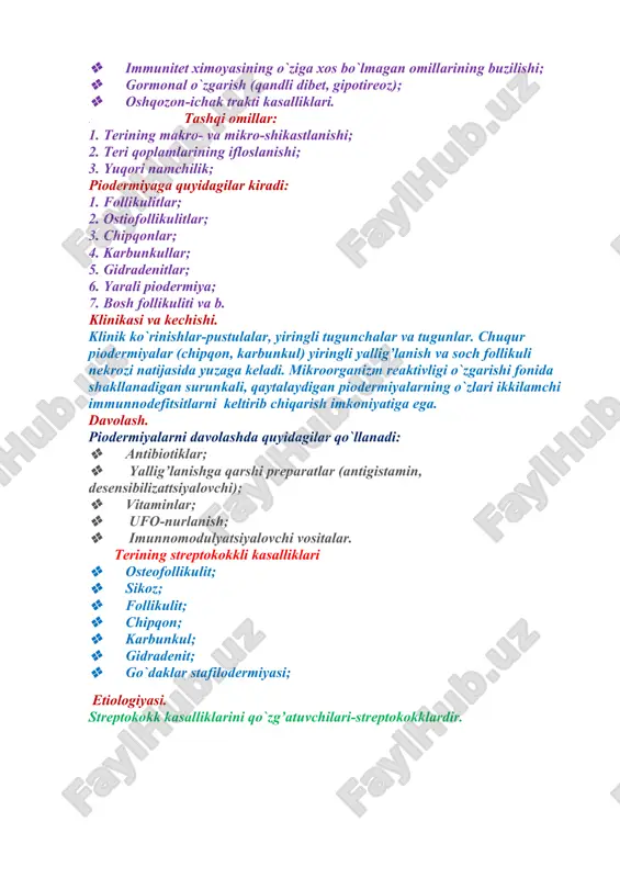alovchi); · vitaminlar; · ufo-nurlanish; · imunnomodulyatsiyalovchi vositalar. terining streptokokkli kasalliklari · osteofollikulit; · sikoz; · follikulit; · chipqon; · karbunkul; · gidradenit; · go`daklar stafilodermiyasi; etiologiyasi. streptokokk kasalliklarini qo`zg’atuvchilari-streptokokklardir. klinikasi va kechishi osteofollikulit soch follikulida to`kno?ich boshchasi kattaligidan pustula hosil bo`lishi bilan harakterlanadi. sikoz-surunkali stafilodermiya. aksariyat yuzning soqol, mo`ylovli soxasiga, kamroq qosh va qovga chiqadi. follikulit (sizlog’ich) ostiofollikulitdan soch follikuli soxasining yanada chuqur zararlanishi bilan ajratiladi. furunkul (chipqon)-soch follikuli va ularni o`rab olgan to`qimalarning yiringli-nekrotik yallig’lanishi. karbunkul-teri va teri osti yog’ kletchatkasining o`tkir nekrotik yiringli yallig’lanishi bilan ifodalanadi. gidradenit-apokrin ter bezlari (ko`proq ko`ltiq osti) yallig’lanadi. piokokkli pemfigoid yoki go`daklarning puzirchatkasi. qorin, kindik atrofi, orqa, teri burmalarida diametri 1,5 sm gacha bo`lgan yuzaki pufaklarning tez paydo bo`lishi bilan ifodalanadi. davolash terining streptokokk kasalliklari ko`pincha jarroxlik yo`li bilan davolanadi. hamshiralik parvarishining xususiyatlari. terining yiringli kasalliklari-stafilikokk va streptokokk keltirib chiqaradigan yiringli, granulematoz yallig’li kasalliklar. yiringli teri kasalliklari yuzaga kelganda hamshira simptomlarni yumshatishi, …