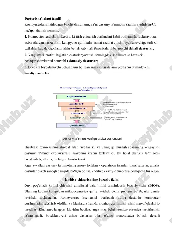 latiladigan barcha dasturlarni, ya‘ni dasturiy ta‘minotni shartli ravishda uchta toifaga ajratish mumkin: 1. kompyuter resurslarini (xotira, kiritish-chiqarish qurilmalari kabi) boshqarish, saqlanayotgan axborotlardan nusxa olish, kompyuter qurilmalari ishini nazorat qilish, foydalanuvchiga turli xil uzilishlar haqida ogohlantirishlar berish kabi turli funksiyalarni bajaruvchi tizimli dasturlar; 2. yangi ma‘lumotlar, hujjatlar, dasturlar yaratish, shuningdek, ma‘lumotlar bazalarini boshqarish imkonini beruvchi uskunaviy dasturlar; 3. bevosita foydalanuvchi uchun zarur bo‘lgan amaliy masalalarni yechishni ta‘minlovchi amaliy dasturlar. dasturiy ta‘minot konfiguratsiya pog‘onalari hisoblash texnikasining shiddat bilan rivojlanishi va uning qo‘llanilish sohasining kengayishi dasturiy ta‘minot evolyutsiyasi jarayonini keskin tezlashtirdi. bu holat dasturiy ta‘minotni tasniflashda, albatta, inobatga olinishi kerak. agar avvallari dasturiy ta‘minotning asosiy toifalari - operatsion tizimlar, translyatorlar, amaliy dasturlar paketi sanoqli darajada bo‘lgan bo‘lsa, endilikda vaziyat tamomila boshqacha tus olgan. kiritish-chiqarishning bazaviy tizimi quyi pog'onada kiritish-chiqarish amallarini bajarilishini ta‘minlovchi bazaviy tizim (bios). ularning kodlari kompyuter mikrosxemasida qat‘iy ravishda yozib quyilgan bo‘lib, ular domiy ravishda saqlanadilar. kompyuterga kuchlanish berilgach, ushbu dasturlar …