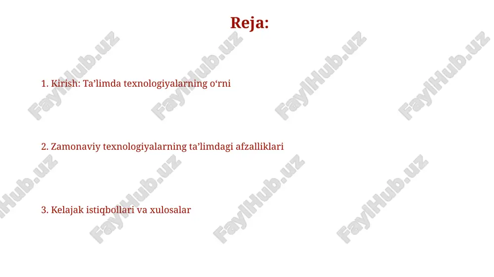 017 yildan boshlab, o'zbekistonda 'raqamli o'zbekiston – 2030' dasturi doirasida elektron ta'lim platformalari, jumladan, 'kundalik' tizimi maktablarda joriy etildi. prezidentning pq-5032 sonli qarori bilan 2021 yilda 'it-park' rezidentlari uchun ta'lim sohasidagi loyihalarni rivojlantirishga katta e'tibor qaratilib, imtiyozlar berildi. kelajakdagi ta'lim texnologiyalari kengaytirilgan reallik (xr) simulyatsiyalari 2030 yilga kelib, amaliy mashg‘ulotlarni immersiv muhitda taqdim etib, tibbiyot, muhandislik kabi sohalarda 75% ko‘proq samaradorlikka olib kelishi mumkin. sun’iy intellektga asoslangan adaptiv o‘quv platformalari, ma’lumotlarni tahlil qilib, har bir o‘quvchiga moslashtirilgan ta’lim yo‘nalishlarini yaratadi, bu 60% gacha o‘qish tezligini oshirishi kutilmoqda. xulosa ta’lim texnologiyalari natijalari 21-asr ko'nikmalarini (kreativlik, tanqidiy fikrlash) rivojlantirishga yordam beradi, ammo ularni joriy qilishda pedagogik maqsadlar ustuvor bo'lishi shart. zamonaviy texnologiyalar ta'limda o'quvchilarga moslashtirilgan ta'limni ta'minlashda muhim rol o'ynaydi, har bir o'quvchining ehtiyojlarini qondirish uchun 100% imkoniyat yaratadi. e'tiboringiz uchun rahmat image5.png image2.png image1.png image6.jpg image7.jpg image8.jpg image9.jpg image10.jpg image11.jpg image12.jpg