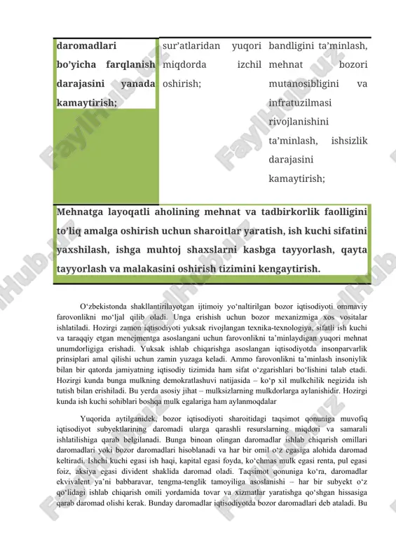 rinlarini yaratish hamda aholining, eng avvalo, o’rta maxsus va oliy o’quv muassasalari bitiruvchilari bandligini ta’minlash, mehnat bozori mutanosibligini va infratuzilmasi rivojlanishini ta’minlash, ishsizlik darajasini kamaytirish; mehnatga layoqatli aholining mehnat va tadbirkorlik faolligini to’liq amalga oshirish uchun sharoitlar yaratish, ish kuchi sifatini yaxshilash, ishga muhtoj shaxslarni kasbga tayyorlash, qayta tayyorlash va malakasini oshirish tizimini kengaytirish. o‘zbekistonda shakllantirilayotgan ijtimoiy yo‘naltirilgan bozor iqtisodiyoti ommaviy farovonlikni mo‘ljal qilib oladi. unga erishish uchun bozor mexanizmiga xos vositalar ishlatiladi. hozirgi zamon iqtisodiyoti yuksak rivojlangan texnika-texnologiya, sifatli ish kuchi va taraqqiy etgan menejmentga asoslangani uchun farovonlikni ta’minlaydigan yuqori mehnat unumdorligiga erishadi. yuksak ishlab chiqarishga asoslangan iqtisodiyotda insonparvarlik prinsiplari amal qilishi uchun zamin yuzaga keladi. ammo farovonlikni ta’minlash insoniylik bilan bir qatorda jamiyatning iqtisodiy tizimida ham sifat o‘zgarishlari bo‘lishini talab etadi. hozirgi kunda bunga mulkning demokratlashuvi natijasida – ko‘p xil mulkchilik negizida ish tutish bilan erishiladi. bu yerda asosiy jihat – mulksizlarning mulkdorlarga aylanishidir. hozirgi kunda ish kuchi …