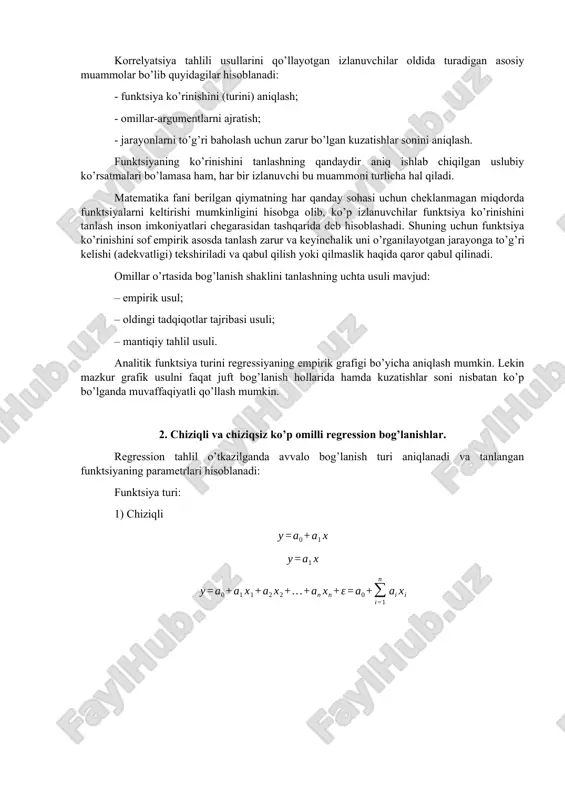 ni rag'batlantirish kabi ko'p omillar ta'siri ostida paydo bo'ladi. natijaviy belgining o'zgarishiga ikki va undan ortiq bo'lgan asosiy (muhim) omil belgilarining ta'sirini aniqlash uchun ko'p omilli korrellyatsiya qo'llaniladi. korrelyatsion bog'lanishning xususiyati regressiya tenglamasida bir necha muhim va mohiyatli omillar ishtirok etishini taqozo qiladi. shuning uchun regressiya tenglamasiga kiritiladigan mohiyatli omillarni tanlash katta ahamiyatga egadir. ko'p omilli regressiya tenglamasida o'zaro kuchli chiziqli korrelyatsion bog'langan omillar bir vaqtda ishtirok etmasligi kerak. chunki ular regressiya tenglamasida bir-birini ma'lum darajada takrorlab, natijada regressiya va korrelyatsiya ko'rsatkichlarining buzilishiga sababchi bo'ladi. demak, tanlangan omillar ichida o'zaro kuchli chiziqli korrelyatsion bog'lanishda bo'lgan omillardan ba'zilarini regressiya tenglamasiga kiritmaydi. buning uchun chiziqli juft korrelyatsiya koeffitsientlarining matritsasi tuziladi. korrelyatsiya tahlili usullarini qo’llayotgan izlanuvchilar oldida turadigan asosiy muammolar bo’lib quyidagilar hisoblanadi: - funktsiya ko’rinishini (turini) aniqlash; - omillar-argumentlarni ajratish; - jarayonlarni to’g’ri baholash uchun zarur bo’lgan kuzatishlar sonini aniqlash. funktsiyaning ko’rinishini tanlashning qandaydir aniq ishlab chiqilgan uslubiy ko’rsatmalari bo’lamasa ham, har …