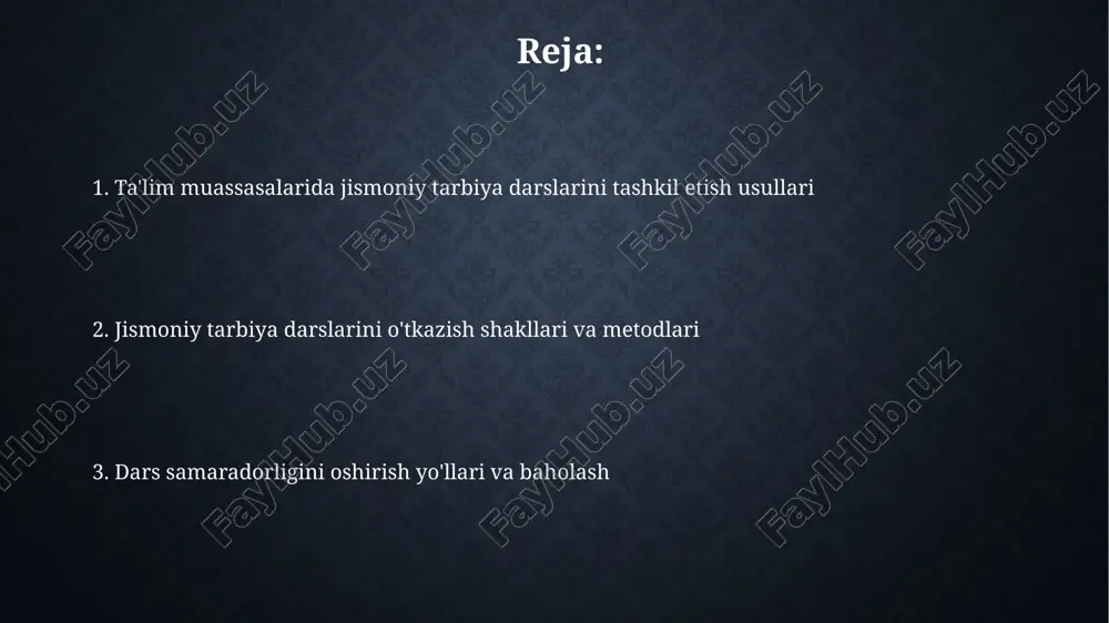likni ta'minlaydi. ilmiylik tamoyili 2-texnikani to'g'ri bajarish, fiziologik yuklamani 70-80% optimal belgilash orqali, o'quvchilarning sog'lig'ini mustahkamlash va jismoniy rivojlanishiga erishish demakdir. jismoniy tarbiya darslarida o'qituvchining roli o'qituvchi dars jarayonida 60-70% vaqtini talabalarning faol harakatlariga yo'naltiradi, ularning mustaqil mashq bajarish, o'yinlar orqali bilim olishlariga sharoit yaratadi. jismoniy tarbiya o'qituvchisi, kamida 3 ta sport turi bo'yicha (masalan, yugurish, suzish, kurash) 1-darajali sportchi unvoniga ega bo'lishi va ularni o'rgata olishi kerak. o'quvchilarning jismoniy tayyorgarligini baholash jismoniy tayyorgarlikni baholash testlari o'quvchining 6 asosiy motor qobiliyatini aniqlaydi, ularga tezlik, kuch, chidamlilik, moslashuvchanlik, chaqqonlik va muvofiqlik kiradi. normativ baholashda o'quvchilarning natijalari yosh guruhidagi boshqa o'quvchilarning natijalari bilan solishtiriladi, bu esa ularning jismoniy rivojlanish darajasini aniqlashga yordam beradi. xavfsizlik texnikasi qoidalari jismoniy tarbiya mashg'ulotlarida sport anjomlari bilan ishlashda 100% ehtiyot bo'lish, ularning sozligini tekshirish va foydalanish qoidalariga qat'iy rioya qilish kerak. sport zalida harakatlanish qoidalariga amal qilish, yugurish va sakrash vaqtida 2-3 metrlik xavfsizlik masofasini saqlash, to'qnashuvlarning …