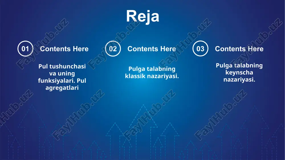 ariyasi pulga bo`lgan talabni almashinuv tenglamasi yordamida aniqlaydi: m · v = p · y bu erda: m – muomaladagi pul mikdori; v – pulning aylanish tezligi m · v* = p · y (fisher tenglamasi), bundan: p · y m= ----------- v* p – baxolar darajasi (baxo indeksi); y – real yaim. pulning aylanish tezligi, iktisodiyotda bitimlar tarkibi nisbatan barkaror bo`lganligi uchun xam doimiy kattalik deb kabul kilinadi. ammo bank tizimiga xisob-kitoblarni tezlashtiruvchi texnik vositalar joriy kilinishi natijasida u o`zgarishi mumkin. v doimiy bo`lgan sharoitda almashtirish tenglamasi kuyidagicha bo`ladi pulga talabning keyns nazariyasi, likvidlilikning afzalligi nazariyasi, pulni nakd ko`rinishda saklashga kishilarni undovchi uch sababni ajratib ko`rsatadi: transaktsion sabab (joriy bitimlar uchun naqd pulga talab); extiyotkorlik sababli (ko`zda tutilmagan xolatlar uchun ma`lum mikdorda naqd pullarni saklash); spekulyativ sabab (foyda olish maksadida qimmatli qogozlar sotib olish uchun pulga talab). klassik va keynschilarga xos yondashuvlarni umumlashtirib, pulga talabning kuyidagi omillarini ajratib ko`rsatish …