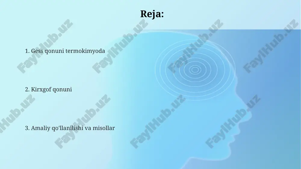 iya o'zgarishini, 100 kpa bosim ostida, bir necha sodda reaksiyalarning ma'lumotlaridan foydalanib aniqlashda muhim. kirxgof qonuni: ta'rifi va formulasi kirxgof qonuni kimyoviy reaksiyaning issiqlik effektining haroratga bog'liqligini aniqlaydi. ∆h₂ - ∆h₁ = ∫(t₁,t₂) ∆cp dt formulasi bilan ifodalanadi, bunda ∆cp - mahsulotlar va reagentlarning molyar issiqlik sig'imlari farqi. kirxgof qonuni, agar harorat t₁ dan t₂ gacha o'zgarganda, reaksiyaning issiqlik effekti ham o'zgarishini ko'rsatadi. bu o'zgarish, ∆cp ning t₁ dan t₂ gacha integraliga teng bo'ladi, bu esa aniq hisoblash imkonini beradi. kirxgof qonuni termokimyoviy hisoblashlarda, xususan, standart haroratdan farqli haroratlarda reaksiyaning issiqlik effektini (entalpiya o'zgarishi) aniqlashda muhim ahamiyatga ega, issiqlik sig'imi ma'lum bo'lganda. kirxgof qonunining qo'llanilishi: haroratga bog'liqlik ushbu qonun kimyoviy reaksiyalarda issiqlik sig'imining (cp) haroratga qarab o'zgarishini tushuntiradi, δcp esa mahsulotlar va reaktivlarning issiqlik sig'imlari ayirmasiga teng. kirxgof qonuni reaksiya issiqligining haroratga bog'liqligini aniqlashda qo'llaniladi, δh ni t1 haroratdan t2 haroratgacha o'zgartirish uchun integral hisoblash zarur. kirxgof tenglamasi standart holatdagi …