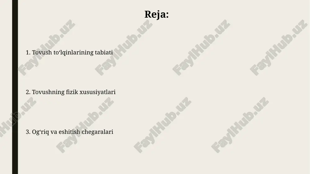 nba yuzasi orqali integrallash orqali bog'liqdir. eshitish diapazoni va chastota odamning eshitish diapazoni odatda 20 hz dan 20,000 hz gacha bo'lgan chastotalarni o'z ichiga oladi, ammo bu diapazon yoshga va shovqinga ta'sir qilishga qarab o'zgarishi mumkin. chastota tovushning balandligini belgilaydi; yuqori chastotalar yuqori ohanglar sifatida qabul qilinadi, past chastotalar esa past ohanglar sifatida qabul qilinadi, inson qulog'i sezgir diapazonda. og'riq chegarasi og'riq chegarasi odatda 130 db (detsibel) atrofida bo'ladi, bu inson qulog'i sezadigan eng yuqori tovush bosimi darajasidir, undan oshib ketganda og'riq paydo bo'ladi. og'riq chegarasi chastotaga bog'liq; past chastotalar (masalan, 20 hz) yuqori chastotalarga (masalan, 20 khz) qaraganda kamroq bosimda ham og'riqni keltirib chiqarishi mumkin. eshitish chegarasi eshitish chegarasi odatda 20 hz dan 20,000 hz gacha bo'lgan chastotalar oralig'ida joylashgan, ammo bu ko'rsatkich yosh va shovqin ta'siriga qarab o'zgarishi mumkin. 0 db hl (eshitish darajasi) normal eshitish chegarasi sifatida qabul qilinadi, lekin ba'zi odamlar bundan ham pastroq tovushlarni eshitishi …