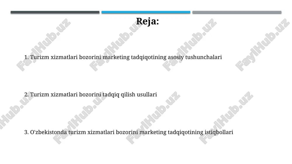 etodologiyasi tadqiqot metodologiyasida 5w1h usuli turizm xizmatlari bozorini o'rganishda muhim ahamiyatga ega: nima, nima uchun, qachon, qayerda, kim va qanday qilib savollariga javob berishni anglatadi. turizm sohasidagi tadqiqotlarda, ayniqsa, sifat tadqiqotlarida 'grounded theory' yondashuvi keng qo'llaniladi. ushbu metodologiya ma'lumotlardan nazariyani shakllantirishga asoslanadi. turizm xizmatlari bozorining tavsifi turizm xizmatlari bozori segmentlarga bo'linadi: dam olish, biznes, sog'lomlashtirish. har bir segment o'ziga xos talablarga ega, masalan, dam olish segmentida 70% narxga e'tibor qaratiladi. turizm xizmatlari bozorida raqobat yuqori, 20 dan ortiq yirik kompaniyalar mavjud. narxlar, xizmat sifati va marketing strategiyalari mijozlarni jalb qilishda muhim rol o'ynaydi. bozor segmentatsiyasi bozor segmentatsiyasi demografik koʻrsatkichlarga asoslanadi, masalan, yosh guruhi (18-25, 26-40, 41+), daromad darajasi (past, oʻrta, yuqori) va oilaviy ahvoli boʻyicha turli segmentlarni ajratish imkonini beradi. psixografik segmentatsiya iste'molchilarning turmush tarzi, qiziqishlari (masalan, sarguzasht, madaniyat, dam olish) va qadriyatlariga (masalan, ekologik tozalik, tarixiy ahamiyat) ko'ra bozorning segmentlarga bo'linishini anglatadi. talab va taklif tahlili talabning elastikligini baholash …