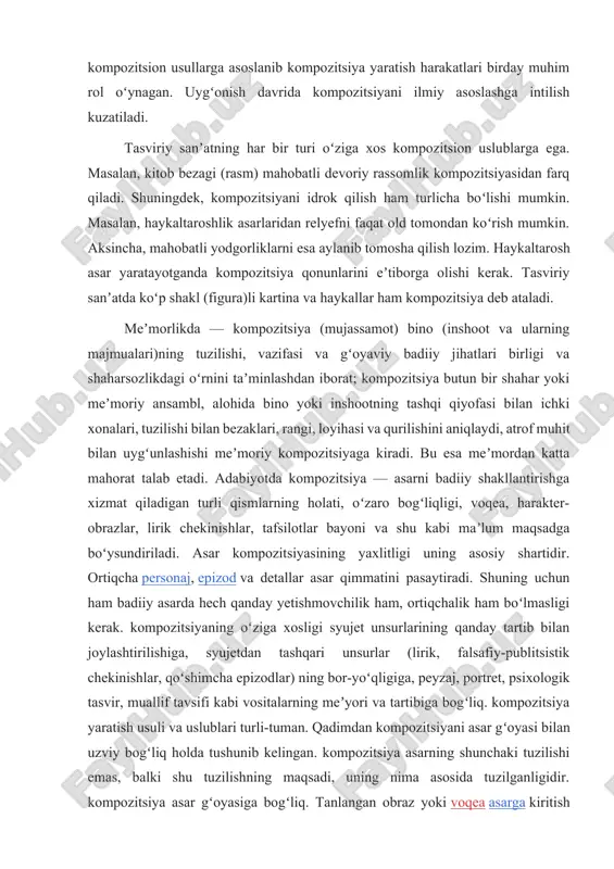 (rasm) mahobatli devoriy rassomlik kompozitsiyasidan farq qiladi. shuningdek, kompozitsiyani idrok qilish ham turlicha boʻlishi mumkin. masalan, haykaltaroshlik asarlaridan relyefni faqat old tomondan koʻrish mumkin. aksincha, mahobatli yodgorliklarni esa aylanib tomosha qilish lozim. haykaltarosh asar yaratayotganda kompozitsiya qonunlarini eʼtiborga olishi kerak. tasviriy sanʼatda koʻp shakl (figura)li kartina va haykallar ham kompozitsiya deb ataladi. meʼmorlikda — kompozitsiya (mujassamot) bino (inshoot va ularning majmualari)ning tuzilishi, vazifasi va gʻoyaviy badiiy jihatlari birligi va shaharsozlikdagi oʻrnini taʼminlashdan iborat; kompozitsiya butun bir shahar yoki meʼmoriy ansambl, alohida bino yoki inshootning tashqi qiyofasi bilan ichki xonalari, tuzilishi bilan bezaklari, rangi, loyihasi va qurilishini aniqlaydi, atrof muhit bilan uygʻunlashishi meʼmoriy kompozitsiyaga kiradi. bu esa meʼmordan katta mahorat talab etadi. adabiyotda kompozitsiya — asarni badiiy shakllantirishga xizmat qiladigan turli qismlarning holati, oʻzaro bogʻliqligi, voqea, harakter-obrazlar, lirik chekinishlar, tafsilotlar bayoni va shu kabi maʼlum maqsadga boʻysundiriladi. asar kompozitsiyasining yaxlitligi uning asosiy shartidir. ortiqcha personaj, epizod va detallar asar qimmatini pasaytiradi. …