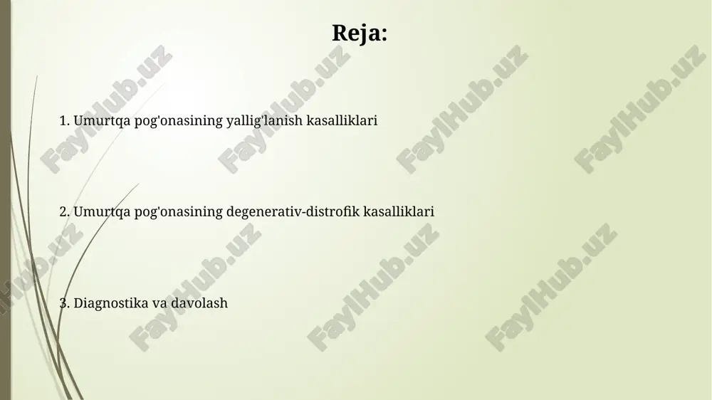 fikatsiya (yallig'lanish) yallig'lanish etiologiyasiga ko'ra 2 turga bo'linadi: infeksion (bakterial, virusli) va noinfeksion (autoimmun, metabolik), davolash yondashuvi har bir tur uchun farq qiladi. yallig'lanish lokalizatsiyasi bo'yicha tasniflash: spondilit (umurtqa suyagining o'zi) va diskit (umurtqalararo diskning yallig'lanishi), mrt diagnostikasi bu farqni aniqlaydi. klassifikatsiya (degenerativ-distrofik) degenerativ-distrofik o'zgarishlar diskning balandligini pasaytirishi mumkin, bu esa disklararo masofaning torayishiga va keyinchalik 1-2 darajali spondiloz rivojlanishiga olib keladi. osteoxondroz umurtqa pog'onasining degenerativ-distrofik kasalliklarida xaftaga zarar yetkazadi, ko'pincha 30-50 yoshda namoyon bo'ladi va og'riq sindromi bilan xarakterlanadi. ankilozlovchi spondilit (bexterev kasalligi) ankilozlovchi spondilit ko'pincha 20 yoshdan 40 yoshgacha bo'lgan erkaklarda uchraydi, bunda hla-b27 geni bilan bog'liq bo'lgan surunkali yallig'lanish umurtqa pog'onasining birlashishiga olib keladi. bexterev kasalligi bilan og'rigan bemorlarda ko'zning yallig'lanishi (irit yoki uveit) 40% gacha holatlarda kuzatilishi mumkin, bu esa ko'rishning buzilishiga olib kelishi mumkin. revmatoid artritning umurtqa pog'onasiga ta'siri revmatoid artrit odatda bo'yin umurtqasiga (c1-c2) ta'sir qilib, atlantoaksiyal beqarorlikka olib keladi. bu holat 40-50% bemorlarda …