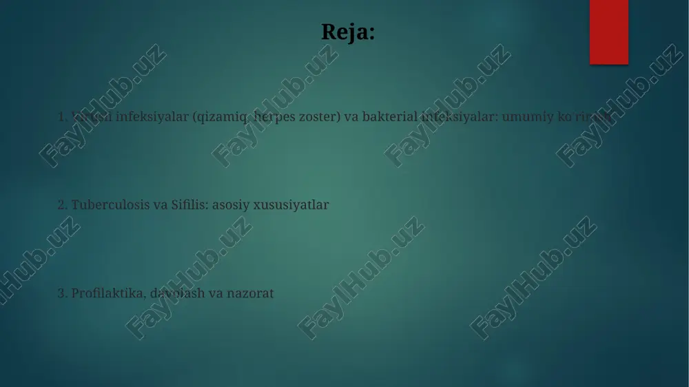 sti vzv dnkni aniqlash uchun ishlatilishi mumkin, ayniqsa atipik hollarda. gerpes zoster davolash antiviral preparatlar (asiklovir, valasiklovir) bilan amalga oshiriladi. ularni 72 soat ichida boshlash postgerpetik nevralgiyani kamaytiradi. bakterial infeksiyalar: umumiy ma'lumot bakterial infeksiyalar ko'pincha antibiotiklar bilan davolanadi, ularning turlari va dozasini aniqlash uchun gram bo'yash va madaniyat testlari kabi diagnostika usullari qo'llaniladi. ko'pgina bakterial infeksiyalarning tarqalish yo'llari to'g'ridan-to'g'ri kontakt, ifloslangan sirtlar va havo orqali bo'ladi, shuning uchun gigiyena qoidalariga rioya qilish muhim. stafilokokk infektsiyalari stafilokok infektsiyalari ko'pincha terida yiringli yaralar (furunkullar) shaklida namoyon bo'ladi, ularning 80% dan ortig'i staphylococcus aureus bakteriyasi sabab bo'ladi. stafilokok toksik shok sindromi (stss) – bu hayot uchun xavfli holat bo'lib, uning o'lim darajasi 3% dan 70% gacha bo'lishi mumkin, ko'pincha tamponlardan foydalanish bilan bog'liq. streptokokk infektsiyalari streptokokklar keltirib chiqaradigan yallig'lanishli tonzillit 5-15 yoshdagi bolalarda ko'proq uchraydi, bunda antibiotiklar bilan davolash streptokok bakteriyalarini yo'q qiladi va asoratlarning oldini oladi. streptokok infektsiyalari, masalan impetigo, odatda terining …