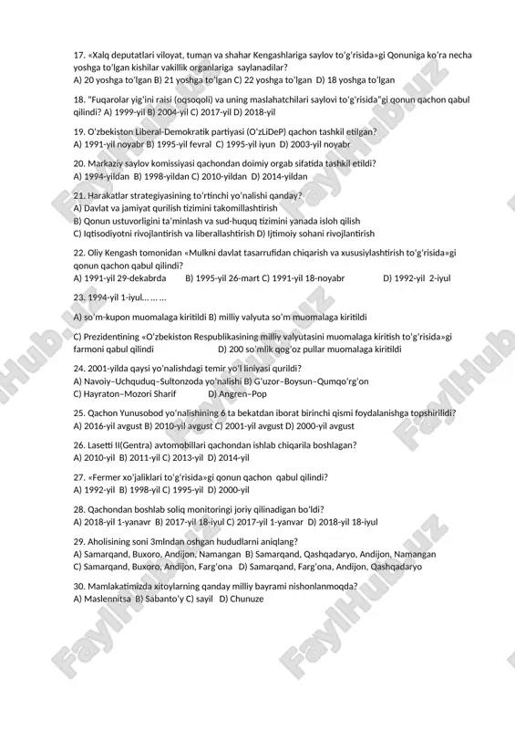 arbiy okrug b) markaziy harbiy okrug c) sharqiy harbiy okrug d) shimoli-g‘arbiy harbiy okrug 12. …da o‘zbekiston respublikasi prezidentining farmoni bilan milliy xavfsizlik xizmati tasarruf da chegara qo‘shinlari boshqarmasi tashkil etildi. a) 1992-yil b) 1993-yil c) 1994-yil d) 1991-yil 13. o‘zbekiston respublikasi konstitutsiyasining …ga muvofiq prezident mamlakat qurolli kuchlarining oliy bosh qo‘mondoni hisoblanadi. a) 95-modda b) 93-modda c) 89-modda d) 97-modda 15, mamlakat prezidenti shavkat mirziyoyev tashabbusi bilan «o‘zbekiston respublikasi mudofaa doktrinasi to‘g‘risida»gi qonun qabul qilindi. a) 2018-yil 9-yanvar b) 2017-yil 15-dekabr c) 2018-yil 1-sentabr d) 2018-yil 10-oktabr 16. lotincha – sud qilish, sud jarayoni ma’nosini anglatuvchi atamani toping. a) yurisdiksiya b) doktrina c) referendum d) nota 17. «xalq deputatlari viloyat, tuman va shahar kengashlariga saylov to‘g‘risida»gi qonuniga ko’ra necha yoshga to’lgan kishilar vakillik organlariga saylanadilar? a) 20 yoshga to’lgan b) 21 yoshga to’lgan c) 22 yoshga to’lgan d) 18 yoshga to’lgan 18. “fuqarolar yig‘ini raisi (oqsoqoli) va uning maslahatchilari …