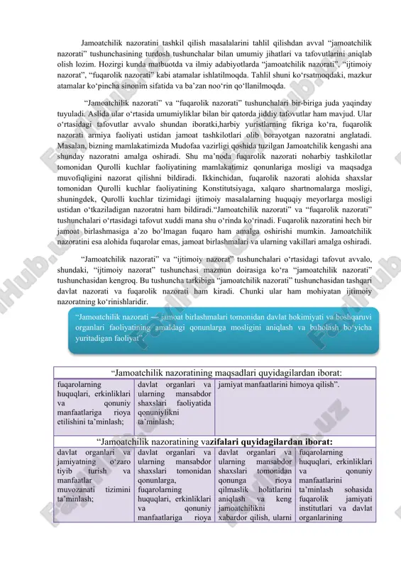 t tashkilotlar, oav kiradi. jamoatchilik nazorati obyektlari sifatida esa davlat organlari, xususan, huquqni muhofaza qilish va nazorat organlari, ularning mansabdor shaxslari foliyati belgilangan. jamoatchilik nazoratini tashkil qilish masalalarini tahlil qilishdan avval “jamoatchilik nazorati” tushunchasining turdosh tushunchalar bilan umumiy jihatlari va tafovutlarini aniqlab olish lozim. hozirgi kunda matbuotda va ilmiy adabiyotlarda “jamoatchilik nazorati”, “ijtimoiy nazorat”, “fuqarolik nazorati” kabi atamalar ishlatilmoqda. tahlil shuni ko‘rsatmoqdaki, mazkur atamalar ko‘pincha sinonim sifatida va ba’zan noo‘rin qo‘llanilmoqda. “jamoatchilik nazorati” va “fuqarolik nazorati” tushunchalari bir-biriga juda yaqinday tuyuladi. aslida ular o‘rtasida umumiyliklar bilan bir qatorda jiddiy tafovutlar ham mavjud. ular o‘rtasidagi tafovutlar avvalo shundan iboratki,harbiy yuristlarning fikriga ko‘ra, fuqarolik nazorati armiya faoliyati ustidan jamoat tashkilotlari olib borayotgan nazoratni anglatadi. masalan, bizning mamlakatimizda mudofaa vazirligi qoshida tuzilgan jamoatchilik kengashi ana shunday nazoratni amalga oshiradi. shu ma’noda fuqarolik nazorati noharbiy tashkilotlar tomonidan qurolli kuchlar faoliyatining mamlakatimiz qonunlariga mosligi va maqsadga muvofiqligini nazorat qilishni bildiradi. ikkinchidan, fuqarolik nazorati alohida shaxslar …
