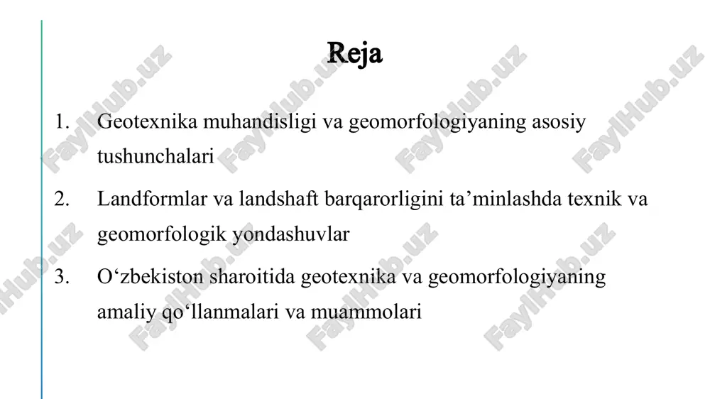 k yondashuvlar. bular quyidagilarni o‘z ichiga oladi: eroziyaga qarshi inshootlar qurish – suv va shamol eroziyasini kamaytirish uchun to‘siqlar, dambalar, terrasalash ishlari olib boriladi. drenaj tizimlari yaratish – ortiqcha suvni chiqarish orqali tuproqning barqarorligini ta’minlash. melioratsiya ishlari – sho‘rlanish, namlik va suv taqsimotini boshqarish orqali yer resurslaridan samarali foydalanish. poydevor mustahkamlash – geotexnik usullar bilan sirpanish va cho‘kishning oldini olish. geomorfologik yondashuvlar geomorfologik yondashuvlar esa tabiatdagi jarayonlarning o‘zaro ta’sirini o‘rganish orqali landshaftni tabiiy muvozanatda saqlashni maqsad qiladi. asosiy yo‘nalishlar: geomorfologik tahlil – hududning relyefi, eroziya darajasi va tog‘ jinslarining turg‘unligini o‘rganish. tabiiy jarayonlarni modellashtirish – sel, ko‘chki, suv oqimi kabi jarayonlarning hududga ta’sirini bashorat qilish. landshaft rekultivatsiyasi – buzilgan hududlarni tabiiy ko‘rinishga qaytarish. tabiiy muvozanatni tiklash – o‘simlik qoplamini qayta ekish, tuproqni mustahkamlash orqali eroziyani kamaytirish. integratsiyalashgan yondashuv zamonaviy yondashuvda texnik va geomorfologik choralar birgalikda qo‘llanadi. bu ekologik barqarorlikni oshiradi, tabiiy resurslardan oqilona foydalanish imkonini beradi. o‘zbekiston sharoitida landshaft muhofazasi …