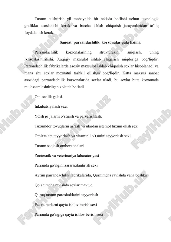 tta korxonada mujassamlashtirilgan xolatda bo‘ladi. ota-onalik galasi. inkubatsiyalash sexi. yosh jo`jalarni o`stirish va parvarishlash. tuxumdor tovuqlarni asrash va ulardan istemol tuxum olish sexi omixta em tayyorlash va vitaminli o`t unini tayyorlash sexi tuxum saqlash omborxonalari zootexnik va veterinariya labaratoriyasi parranda go`ngini zararsizlantirish sexi ayrim parrandachilik fabrikalarida, qushimcha ravishda yana boshka qo`shimcha ravishda sexlar mavjud. quruq tuxum paroshoklarini tayyorlash pat va parlarni qayta ishlov berish sexi parranda go`ngiga qayta ishlov berish sexi sanoat asosidagi tuxum etishtiriladigan parrandachilik fabrikalarda yuqorida ko`rsatib o`tilgan sexlardan tashkari issiqliq, elektr energiyasi, qurilish va mexanik sexlar, avto transport yashash komunal xo`jaligi ut o`chirish va karovul birlashmalari shunga o`xshash barcha sexlar mujassamlashgan xolatda bo`lmog`i kerak. ota-onalik galasi saqlanadigan sex. nasldor tuxum olish sexi. ota-onalik galasi saqlanadigan sexni asosiy vazifalaridan biri, mavjud tovuqlardan duragay tuxumlar olinib, tuxumlari inkubatsiyalanib, sanoat parrandachiligi uchun mo`ljallangan jo`jalar olinadi. bu sexga asosan ota-onalik podali tovuqlarni, ota va onalik tomonidan bir- biriga mos liniyalari joylashtiriladi, …
