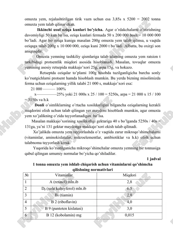 o’rdakcha har birining tirik vazni 2,6kg o’stirish tahmin qilinadi. umumiy tirik vazni 200 00 x 2,6 = 520ming kg yoki 5200s. har bir sentner o’sishga normative bo’yicha 3,85s omuxta yem, rejalashtirilgan tirik vazn uchun esa 3,85s x 5200 = 2002 tonna omuxta yem talab qilinar ekan. ikkinchi usul oziqa kunlari bo’yicha. agar o’rdakchalarni o’stirishning davomiyligi 50 kun bo’lsa, oziqa kunlari fermada 50 x 200 000 bosh = 10 000 000 bo’ladi. agar bir oziqa kuniga masalan 200g omuxta yem talab qilinsa, u vaqtda oziqaga talab 200g x 10 000 000, oziqa kuni 2000 t bo’ladi. albatta, bu oxirgi son aniqroqdir. omuxta yemning tashkiliy qismlariga talab ularning omuxta yem ratsion t tarkibidagi protsentlik miqdori asosida hisoblanadi. masalan, tovuqlar omuxta yemining asosiy retsepida makkajo’xori 25g, arpa 15g, va hokazo. retseptda oziqalar to’plami 100g hisobda tuzilganligicha barcha sonly ko’rsatgichlarni protsent hamda hisoblash mumkin. bu yerda bizning misolimizda ferma uchun oziqalarning yillik talabi 21 …