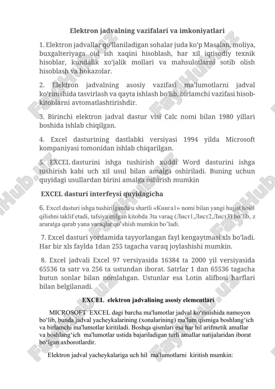 val ko’rinishida tasvirlash va qayta ishlash bo’lib, birlamchi vazifasi hisob-kitoblarni avtomatlashtirishdir. 3. birinchi elektron jadval dastur visi calc nomi bilan 1980 yillari boshida ishlab chiqilgan. 4. excel dasturining dastlabki versiyasi 1994 yilda microsoft kompaniyasi tomonidan ishlab chiqarilgan. 5. excel dasturini ishga tushirish xuddi word dasturini ishga tushirish kabi uch xil usul bilan amalga oshiriladi. buning uchun quyidagi usullardan birini amalga oshirish mumkin excel dasturi interfeysi quyidagicha 6. excel dasturi ishga tushirilganda u shartli «kniga1» nomi bilan yangi hujjat hosil qilishni taklif etadi, tafsiya etilgan kitobda 3ta varaq (list1,list2,list3) bo’lib, zaruratga qarab yana varaqlar qo’shish mumkin bo’ladi. 7. exsel dasturi yordamida tayyorlangan fayl kengaytmasi xls bo’ladi. har bir xls faylda 1dan 255 tagacha varaq joylashishi mumkin. 8. excel jadvali excel 97 versiyasida 16384 ta 2000 yil versiyasida 65536 ta satr va 256 ta ustundan iborat. satrlar 1 dan 65536 tagacha butun sonlar bilan nomlahgan. ustunlar esa lotin alifbosi harflari bilan belgilanadi. …