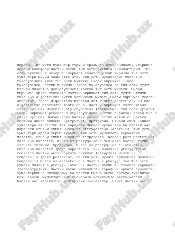 i oldinga siljishi (protruziya) musculus pterygoideus lateralis, musculus masseter (pars superfacialis), musculus pterygoideus medialis pastki jag'ni orqaga siljishi (retruziya) musculus temporalis (pars posterior, va til usti mushagi yordamida) musculus temporalis musculus massetericus musculus pteryg..med til osti mushagi musculus pteryg. later 61 pastki jag'ni yon tomonga harakati (laterotruziya). pastki jag'ni ishlaydigan tarafini orqaga suradigan mushaklarining qiskarishi, va pastki ishsiz jag'ni orqaga suradigan ishchi tomoni mushaklarining qisqarishi natijasida yuzaga keladi. pastki jag xarakatini qaytaruvchi moslamalar. chakka pastki jag' bo'g'imi bilan tishlarni chaynov yuzasi o'zaro funktsional jihatdan mos bo'lsa tish protezlar mijozni qoniqtira oladi. pastki jag' xarakatini qaytaruvchi moslama artikulyator deb ataladi. artikulyatorga qonun-qoidaga rioya qilib o'rnatilgan jag' modellari, pastki jag' xarakatlarini batafsil qaytara oladi (rasm 69). 69-rasm. artikulyator. eng oddiy moslamalar (okklyuzion fiksatorlar, akklyudatorlar) o'zaro okklyuzion fiksatsiyalangan modellarda ishlatiladi, bular artikulyatorlarga kirmaydi, chunki ular chakka pastki jag' bo'g'imini xarakatlantirmaydi. 3.4.1. okklyuzion fiksatorlar – bular yordamchi moslamalar bo'lib, ular yordamida pastki jag' modellari …