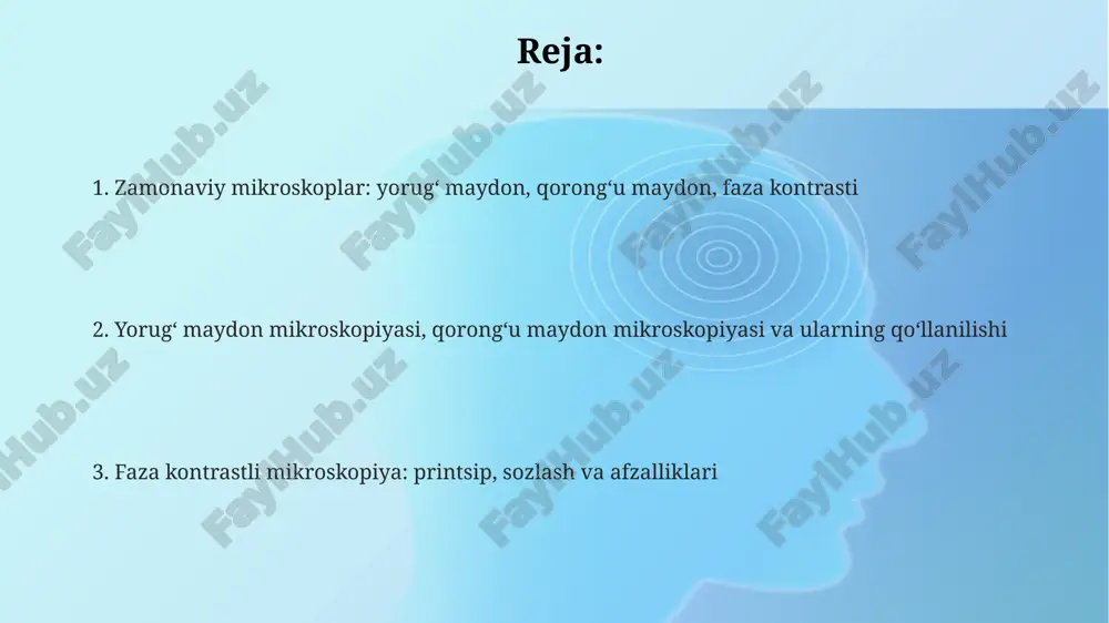 larni aniqlash va davolash usullarini ishlab chiqishga yordam beradi. materialshunoslikda zamonaviy mikroskoplar materiallarning mikro tuzilishini, masalan, metall qotishmalarini 0.1 nanometr aniqlikda o'rganish uchun qo'llaniladi, bu esa yangi materiallar yaratishga olib keladi. e'tiboringiz uchun rahmat image1.png