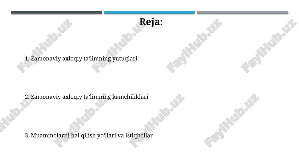 tibor bermaydi, bu esa yosh avlodning o'z milliy o'zligini anglashiga salbiy ta'sir ko'rsatishi mumkin. o'qituvchilarning tayyorgarligi o'qituvchilarni tayyorlashda 2023-yildan boshlab pedagogika oliy ta'lim muassasalarida amaliyot soatlarining 30%ga oshirilishi sifatni yaxshilashga qaratilgan. “ustoz-shogird” tizimi doirasida tajribali o'qituvchilar tomonidan yangi tayinlangan o'qituvchilarga kamida 2 yil davomida metodik yordam ko'rsatilishi nazarda tutilgan. baholash usullarining cheklanganligi baholashning kognitiv usullari hissiyot, empatiya kabi muhim axloqiy xususiyatlarni aniq o'lchay olmaydi, bu esa axloqiy rivojlanishni to'liq baholashni cheklaydi. standartlashtirilgan testlar murakkab axloqiy dilemmalarni hal qilish qobiliyatini baholashda qiyinchiliklarga duch keladi, amaliy vaziyatlarda axloqiy qarorlarni qanday qabul qilishni aniqlay olmaydi. texnologiyaning ta'siri texnologiya odamlarning axloqiy qarorlarini qabul qilish usullarini o'zgartirdi, masalan, avtonom transport vositalarining dilemmalari 50% ga muammolarni keltirib chiqaradi. ijtimoiy media algoritmlari polarizatsiyani kuchaytiradi, noto'g'ri ma'lumotlarni 75% ga ko'paytirib, empatiya va hamjihatlikni kamaytiradi. oilaning roli oila shaxsning ilk ijtimoiy muhiti bo'lib, axloqiy me'yorlar va qadriyatlarni 7 yoshgacha shakllantiruvchi asosiy institutdir, bu keyingi hayotda muhim ahamiyatga ega. oila …