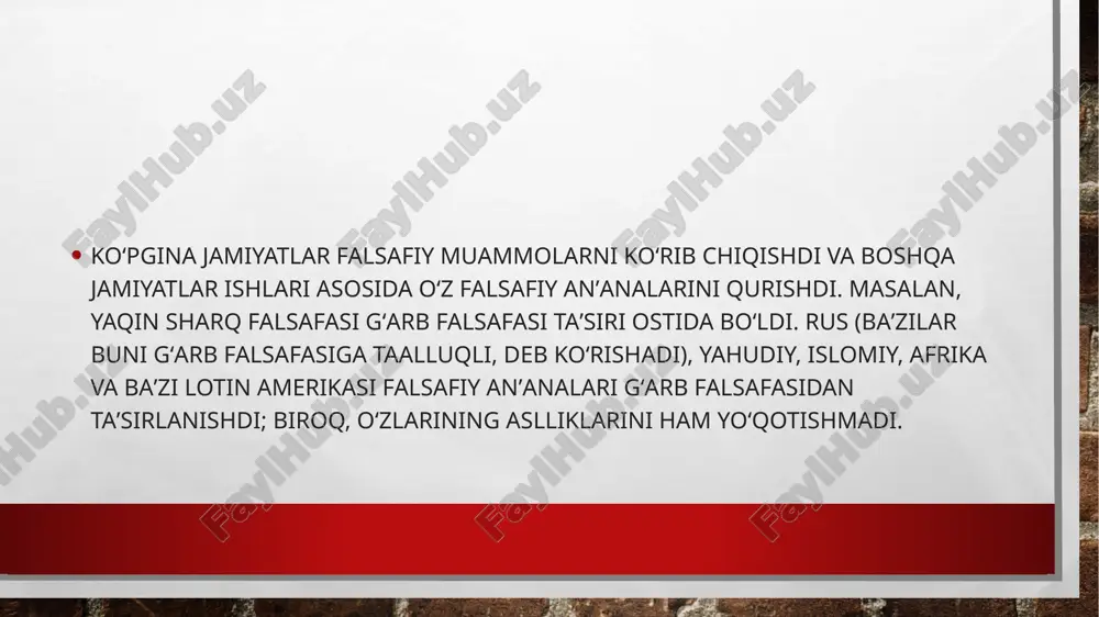 ralizmi hind falsafasini liberal universalizm shakliga keltirgan. fors falsafasi haqida fors falsafasi tarixi qadimgi eron falsafiy anʼanalari va ularning hind-eron ildizlariga borib taqaladi. fors falsafasi zardusht taʼlimotidan taʼsirlangan. eron tarixidagi turli urushlar — iskandar zulqarnayn, arablar va moʻgʻullar istilolariturli madaniyatlar, dinlar aralashuvi va natijada turfa falsafiy maktablar paydo boʻlishiga olib keldi. bularga zardushtiylik va islom taʼlimotlari, yunon falsafasi taʼsiridagi oqimlar, manixeylik, mazdakiylik va hokazo kiradi. oʻrta osiyo falsafasi haqida oʻrta osiyo falsafasi zardushtiylik, keyinchalik esa islom dinlari taʼsirida shakllangan. muhim faylasuflardan biri — ibn sino oʻrta osiyo va umuman islom olamida mantiq va metafizikani shakllantirdi; bunda u arastu va aflotun ishlariga tayandi. ibn sino olamning vaqt oʻqida yaratilishini rad etadi; olam uning yaratuvchisi emanatsiyasidir, deydi. ibn sinoning bu qarashlari islomiy deizm va pandeizmga yaqindir. keyinchalik oʻrta osiyolik boshqa faylasuflar — beruniy, forobiy, gʻazzoliy, navoiy, bedil va hk — ibn sino asos solgan islomiy metafizika doirasida fikrlashdi va bu oqimlardan baʼzilari …