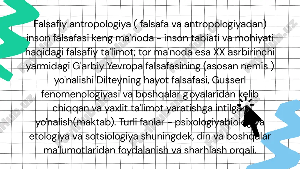chiqadi". marhum sheler falsafasida biz energetik jihatdan mustaqil kuchli "impuls" va kuchsiz "ruh" dan tashkil topgan mavjudlikning ikki tomonlama asosi haqida gapiramiz. o'z-o'zidan shelerning fikriga ko'ra unda harakat qiluvchi kuchlar oqimi pastdan yuqoriga qarab o'tishi xarakterlidir: mavjudlikning har bir yuqori shakli quyi shakllarning energiyasiga tayanadi. "turk va ruh" qarama-qarshiligi sheler ta'limotida insonda uchraydigan ontologik birlamchi potentsiallarning qutbli qarama-qarshiligi sifatida namoyon bo'ladi. “impuls” tushunchasi noorganik tabiatning xaotik kuchlari va “hayot” oqimini hamda tarixning iqtisodiy siyosiy va demografik jihatlarini qamrab oladi. "ruh" tushunchasi madaniyat mazmunining shaxsiy o'lchovlarida ham kengroq ma'noda ham borliqning eng yuqori ideal hissiy va qadriyat shakllarini anglatadi. "harakatlar markazi - deydi sheler - unda ruh cheklangan mavjudot sohasi sifatida o'zini namoyon qiladi. biz "hayot" ning barcha funktsional markazlaridan tubdan farq qiladigan shaxs tushunchasini belgilamoqchimiz. ichki qismi "ruh markazlari" deb ataladi. falsafiy antropologiyaning asosiy yo'nalishlariga biologik ( a. gelen k. lorenz ) madaniy ( e. rotxaker m. landman e. kassirer …