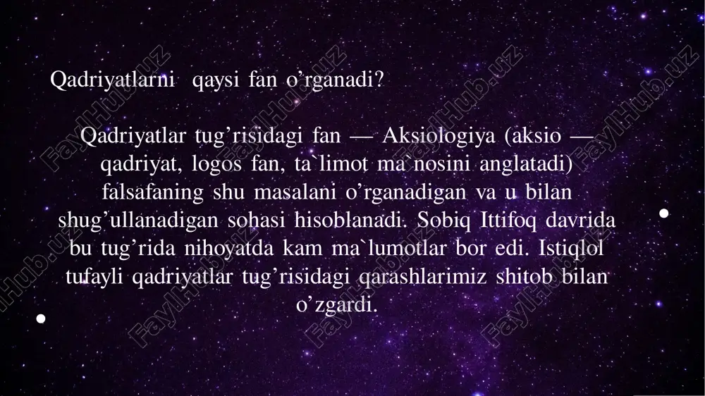 orazmiy, forobiy, al-buhoriy, at-termiziy, beruniy, ibn sino, najmiddin kubro, yassaviy, naqshband, ulug’bek, navoiy, mashrab, bedil, behbudiy, avloniy kabi mutafakkirlar ijodida ham bu mavzuning izlari bor, teran qirralari ochilgan. gap ana shu izlarni izlab topishda, ularni unutmaslikda, sayqallab turishda, zamona realliklari nuqtai nazaridan holisona talqin qilishdadir. avlod va ajdodlarimiz yaratgan qadrlash mezonlarining tarixi eng qadimgi naqllar, rivoyatlar, afsona, hikoyat, dostonlarga, ya`ni halq og’zaki ijodi namunalariga borib taqaladi. spitamen, muqanna va jaloliddin manguberdi tug’risidagi asarlarda, alpomish, to’maris va shiroq tug’risidagi afsona va dostonlarda vatanparvarlik, halq va yurt ozodligi uchun fidoyilik kabi ko’plab umuminsoniy qadriyatlar tasvirlangan. ma`naviy merosimizning yorqin namunasi – «avesto» zardo’shtiylikning muqaddas kitobi bo’lganligidan, unda bu dinning qadriyatlar tizimi, qadrlash mezonlari, o’sha davrdagi milliy g’oyalar yorqin ifodalangan. qadrlash tug’risidagi qarashlar rivojida viii-xii asrlar katta ahamiyatga ega. bu davrda arab istilosi amalga oshirilgan, islom hukmron dinga aylangan edi. e`tirof etish kerakki, qur`on va hadislarda ta`riflab berilgan ilohiy qadriyat va qadrlash masalalari halqimiz …