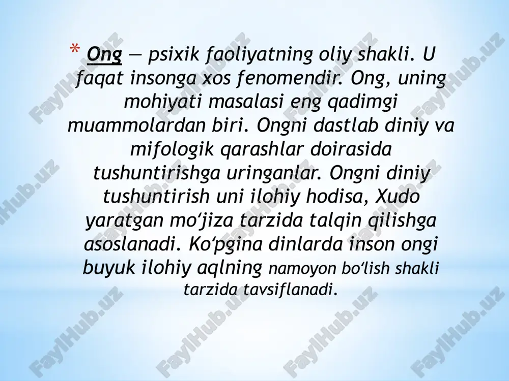 -hodisalar qanday munosabatlarga kirishishlariga koʻra ongga bogʻliq, yoki jismoniy sifatida koʻrilishi mumkin. spinoza kabi ikki-jihatning mavjudligini ilgari suruvchilar fikricha ong va tana qandaydir bizga nomaʼlum boʻlgan substansiyaning ikki bir-biridan mustaqil jihatidir. ijtimoiy ong – jamiyat hayotining, kishilararo aloqa va munosabatlarni o’zida aks ettiradigan xilma – xil ijtimoiy qarashlar, tasavvurlar, g’oyalar, nazariyalar, ta’limotlar majmui. /docprops/thumbnail.jpeg