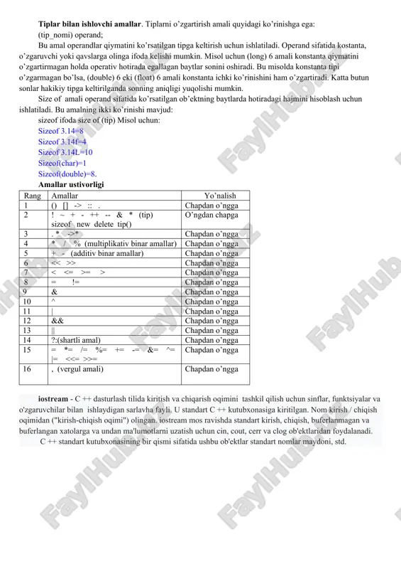 ketma-ketligi bir amal deb qaralib, chapdan o’ngga hisoblanadi va ohirgi ifoda qiymati natija deb qaraladi. misol uchun: d=4,d+2 amali natijasi 8 ga teng. shartli amal. shartli amal ternar amal deyiladi va uchta operanddan iborat bo’ladi: ? : shartli amal bajarilganda avval 1- ifoda hisoblanadi. agar 1-ifoda qiymati 0 dan farqli bo’lsa 2- ifoda hisoblanadi va qiymati natija sifatida qabul qilinadi, aks holda 3-ifoda hisoblanadi va qiymati natija sifatida qabul qilinadi. misol uchun modulni hisoblash: x 0) ? f : n ifoda n musbat eki manfiyligidan qat’iy nazar double tipiga tegishli bo’ladi. shartli ifodada birinchi ifodani qavsga olish shart emas. tiplar bilan ishlovchi amallar. tiplarni o’zgartirish amali quyidagi ko’rinishga ega: (tip_nomi) operand; bu amal operandlar qiymatini ko’rsatilgan tipga keltirish uchun ishlatiladi. operand sifatida kostanta, o’zgaruvchi yoki qavslarga olinga ifoda kelishi mumkin. misol uchun (long) 6 amali konstanta qiymatini o’zgartirmagan holda operativ hotirada egallagan baytlar sonini oshiradi. bu misolda konstanta tipi o’zgarmagan …