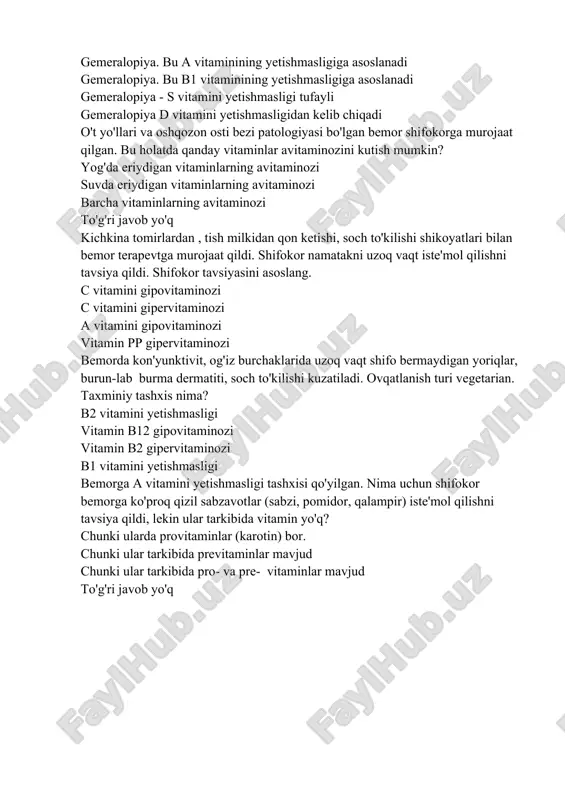 rning avitaminozi suvda eriydigan vitaminlarning avitaminozi barcha vitaminlarning avitaminozi to'g'ri javob yo'q kichkina tomirlardan , tish milkidan qon ketishi, soch to'kilishi shikoyatlari bilan bemor terapevtga murojaat qildi. shifokor namatakni uzoq vaqt iste'mol qilishni tavsiya qildi. shifokor tavsiyasini asoslang. s vitamini gipovitaminozi s vitamini gipervitaminozi a vitamini gipovitaminozi vitamin pp gipervitaminozi bemorda kon'yunktivit, og'iz burchaklarida uzoq vaqt shifo bermaydigan yoriqlar, burun-lab burma dermatiti, soch to'kilishi kuzatiladi. ovqatlanish turi vegetarian. taxminiy tashxis nima? b2 vitamini yetishmasligi vitamin b12 gipovitaminozi vitamin b2 gipervitaminozi b1 vitamini yetishmasligi bemorga a vitamini yetishmasligi tashxisi qo'yilgan. nima uchun shifokor bemorga ko'proq qizil sabzavotlar (sabzi, pomidor, qalampir) iste'mol qilishni tavsiya qildi, lekin ular tarkibida vitamin yo'q? chunki ularda provitaminlar (karotin) bor. chunki ular tarkibida previtaminlar mavjud chunki ular tarkibida pro- va pre- vitaminlar mavjud to'g'ri javob yo'q