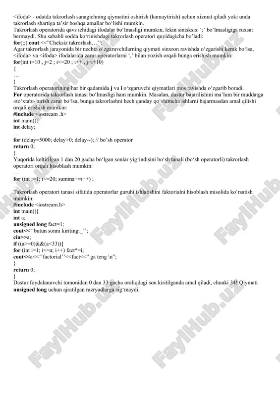 a u takrorlash jarayoni boshida faqat bir marta hisoblanadi. ifodada o‘zgaruvchi e’loni uchrash mumkin va bu o‘zgaruvchi takrorlash operatori tanasida amal qiladi va takrorlash operatoridan tashqarida «ko‘rinmaydi» (c++ builder kopiilyatori uchun); ifoda> - takrorlashni bajarish yoki yo‘qligini aniqlab beruvchi mantiqiy ifoda, agar shart rost bo‘lsa, takrorlash davom etadi, aks holda yo‘q. agar bu ifoda bo‘sh bo‘lsa, shart doimo rost deb hisoblanadi; - odatda takrorlash sanagichning qiymatini oshirish (kamaytirish) uchun xizmat qiladi yoki unda takrorlash shartiga ta’sir boshqa amallar bo‘lishi mumkin. takrorlash operatorida qavs ichidagi ifodalar bo‘lmasligi mumkin, lekin sintsksis: ‘;’ bo‘lmasligiga ruxsat bermaydi. shu sababli sodda ko‘rinishdagi takrorlash operatori quyidagicha bo’ladi: for(;;) cout va ifodalarida zarur operatorlarni ‘,’ bilan yozish orqali bunga erishish mumkin: for(int i=10 , j=2 ; i int main(){ int delay; … for (delay=5000; delay>0; delay--); // bo’sh operator return 0; } yuqorida keltirilgan 1 dan 20 gacha bo‘lgan sonlar yig‘indisini bo‘sh tanali (bo‘sh operatorli) takrorlash operatori …