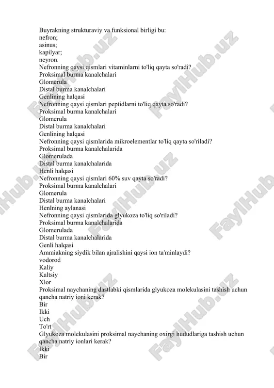 mal naychaning dastlabki qismlarida glyukoza molekulasini tashish uchun qancha natriy ioni kerak? bir ikki uch to'rt glyukoza molekulasini proksimal naychaning oxirgi hududlariga tashish uchun qancha natriy ionlari kerak? ikki bir uch to'rt glyukozani tashuvchilar nefronning qaysi qismlarida joylashgan? proksimal burma kanalchalarida glomerulada distal burma kanalchalarida genlning aylanasida glyukoza uchun buyrak chegarasi qancha? 10 mmol / l 3,33 mmol / l 4,44 mmol / l 5,55 mmol / l nefronning qaysi qismlari aminokislotalarni to'liq qayta so'radi? proksimal burma kanalchalari glomerulus distal burma kanalchalari genlining aylanasi siydikda aminokislotalar paydo bo'lishining sabablari nimada? qonning yuqori konsentratsiyasi, transport tizimlarining buzilishi qonning yuqori konsentratsiyasi, past filtrlash bosimi filtrlash bosimining pasayishi, transport tizimlarining buzilishi proteinning yuqori miqdori, qondagi aminokislotalarning yuqori konsentratsiyasi nefronning qaysi qismlarida 15% suv qayta so'riladi? genle halqasi, distal burma kanalchalari, yig'ish kanallarida glomerula, distal burma kanalchalarida distal burma kanalchalarida, xenle halqasida yig'uvchi kanali, glomerulada birlamchi filtratda qancha suv oxirgi siydikda qoladi? 1 % …