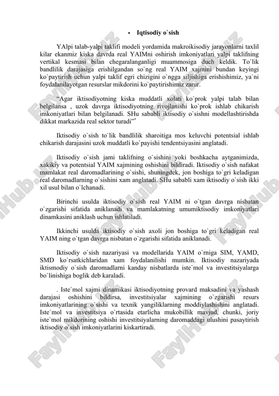 eb karaladi. . iste`mol xajmi dinamikasi iktisodiyotning provard maksadini va yashash darajasi oshishini bildirsa, investitsiyalar xajmining o`zgarishi resurs imkoniyatlarining o`sishi va texnik yangiliklarning moddiylashishini anglatadi. iste`mol va investitsiya o`rtasida etarlicha mukobillik mavjud, chunki, joriy iste`mol mikdorining oshishi investitsiyalarning daromaddagi ulushini pasaytirish iktisodiy o`sish imkoniyatlarini kiskartiradi. iktisodiy o`sish real kattaliklarda, kiyosiy baxolarda o`lchanadi.. milliy maxsulot xajmi va daromadning ko`payishiga, ikkinchidan, resurslardan samarali foydalanishga, uchinchidan, yangi-yangi extiyojlar va imkoniyatlarning paydo bo`lishiga, to`rtinchidan, xalkaro bozorlarda mamlakat obro`sining oshishiga olib keladi. 14.2. iktisodiy o`sishga omillari va tiplari real ishlab chikarish xajmlarining uzok muddatli o`sishi sur`atlarini, ko`lamlarini, samaradorligi va sifati oshishini belgilovchi xodisa va jarayonlar iktisodiy o`sish omillari deyiladi. iktisodiy o`sish omillari ikki guruxga ajratiladi. birinchi gurux omillari ixtisodiy o`sishni fizik (ashyoviy) jixatdan ta`minlaydi. bu guruxga ishlab chikarish omillari kiritiladi: · tabiiy resurslar soni va sifati; · mexnat resurslari soni va sifati; · asosiy kapital xajmi; · texnologiyalar va ishlab chikarishni tashkil etish; · jamiyatda …